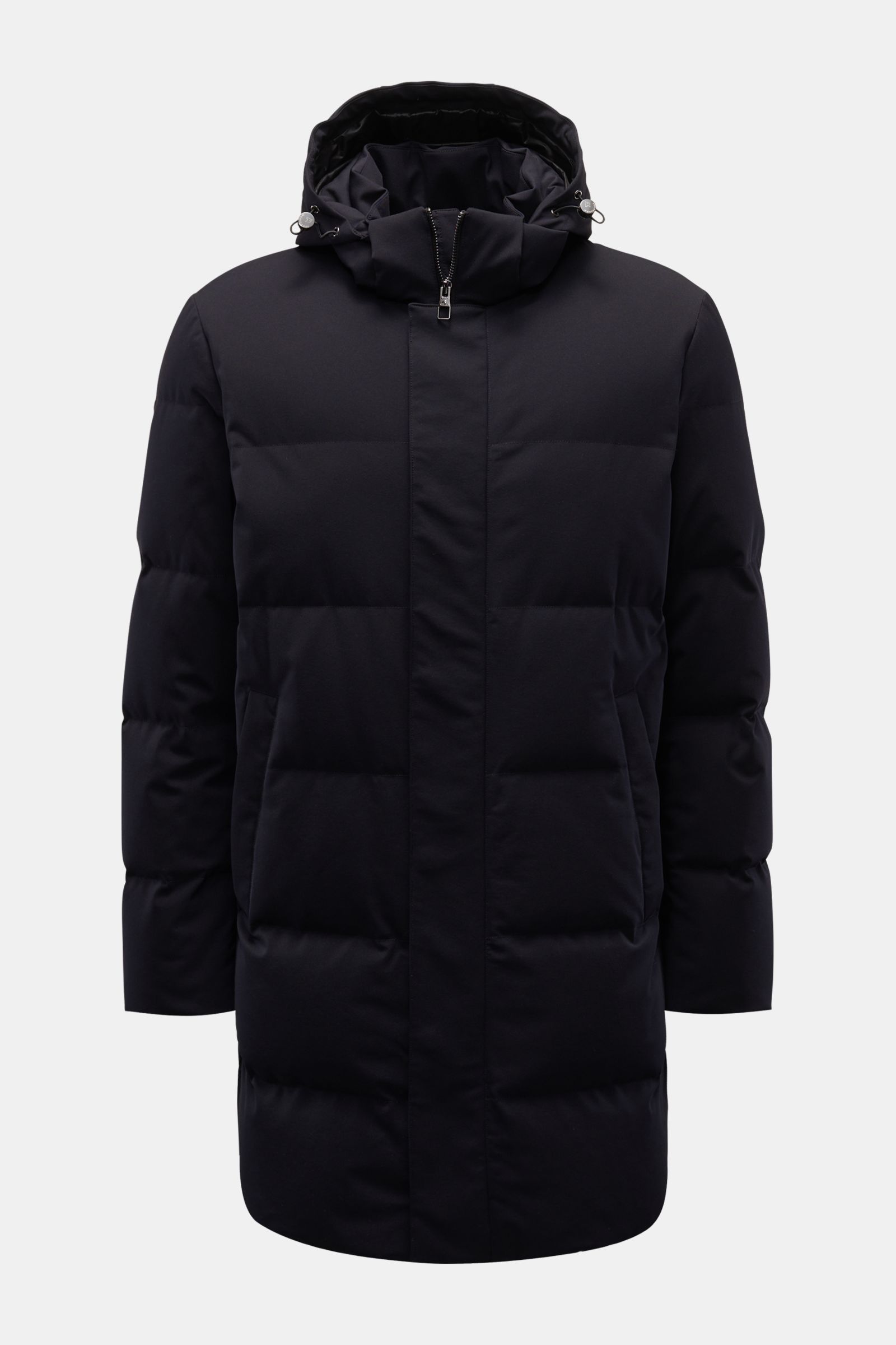 Front view of Montecore Down coat dark navy in high-quality microfibre, slightly robust to the touch, wind and water repellent, breathable, with duck down lining, regular fit, robust two-way zip, storm flap with snap buttons, high fastening collar with de