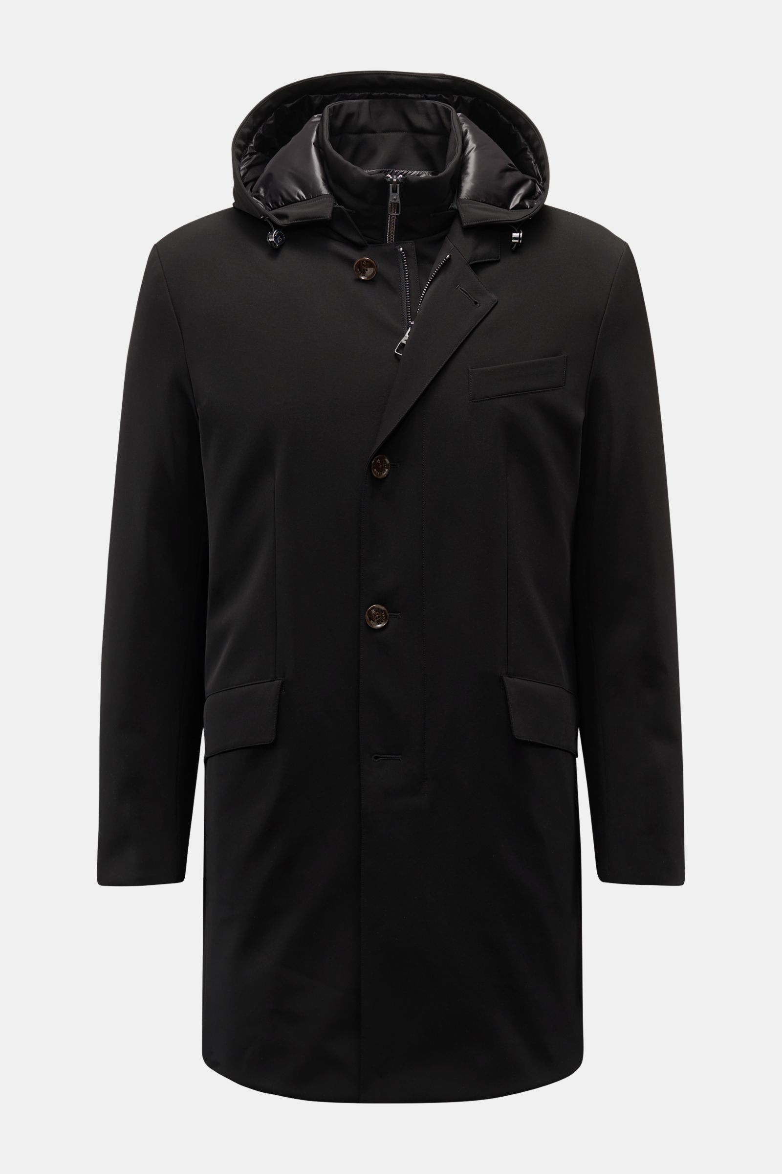 Montecore Daunen-Kurzmantel schwarz, frontale Ansicht, wind- und wasserabweisend, AeroTwill, abnehmbare Kapuze, Double-Front, Slim Fit, mit Taschen.