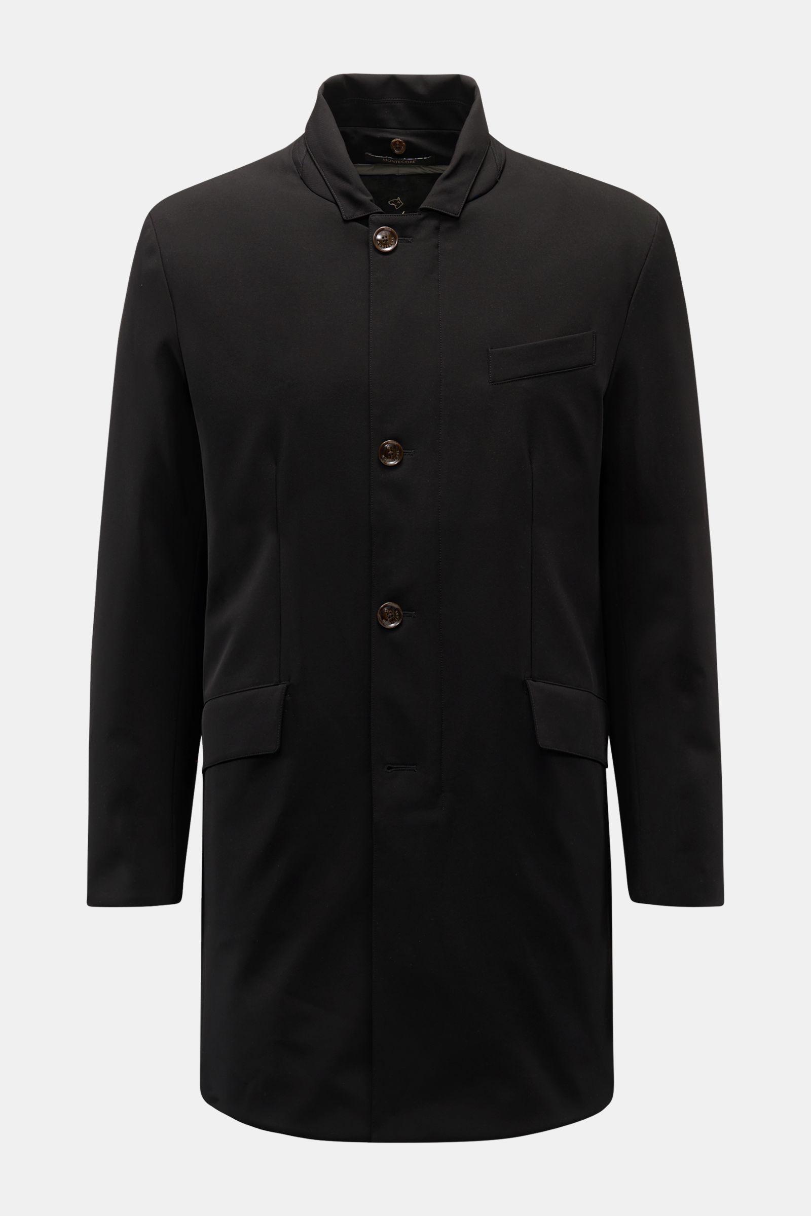 Montecore Daunen-Kurzmantel schwarz, frontal fotografiert, wind- und wasserabweisend aus AeroTwill mit Double-Front, Kapuze, Slim Fit, Taschen.