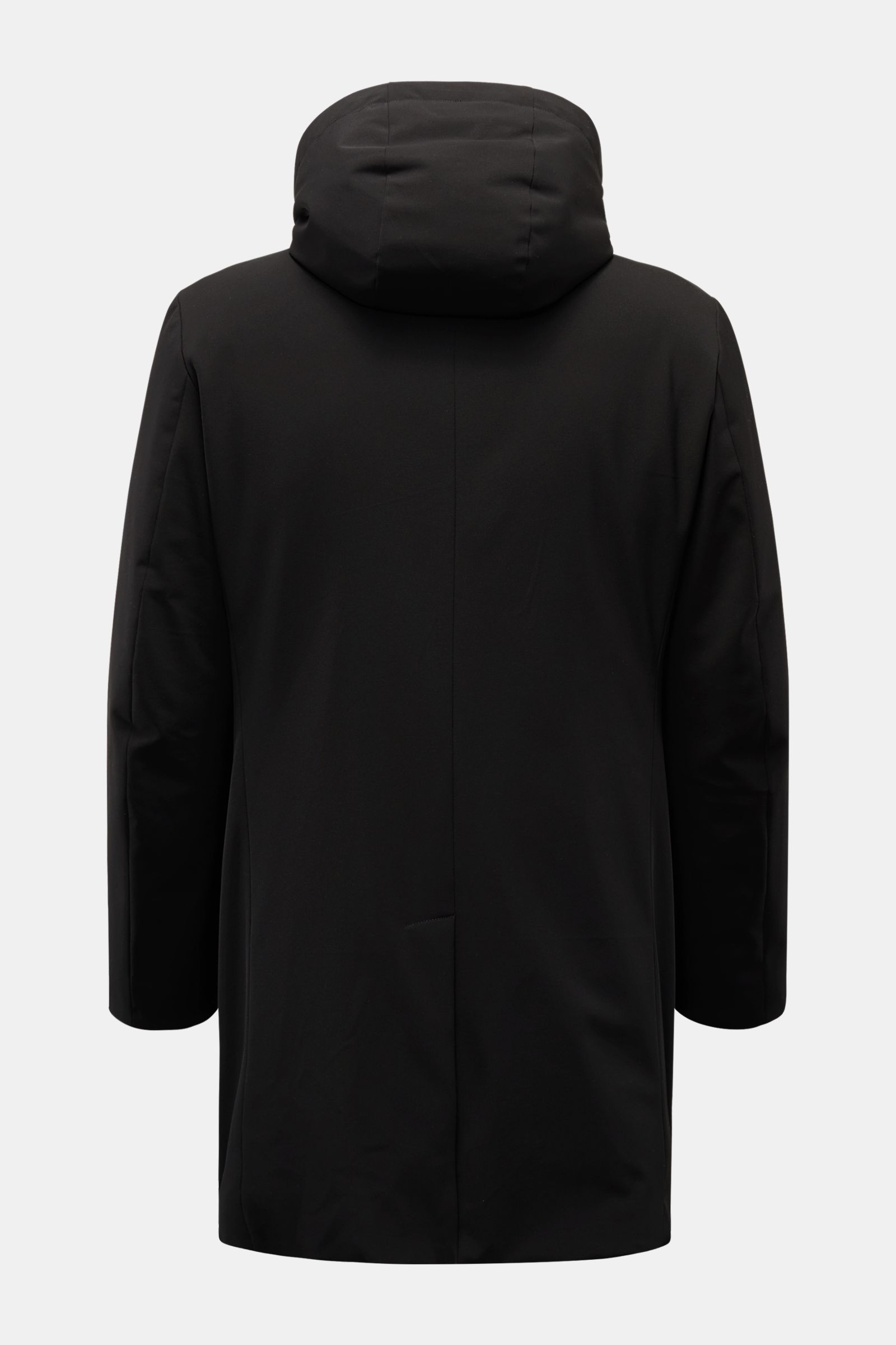 Montecore Daunen-Kurzmantel schwarz, Rückansicht mit abnehmbarer Kapuze, wind- und wasserabweisendem AeroTwill, Slim Fit, Double-Front, leichte Daunenfüllung.