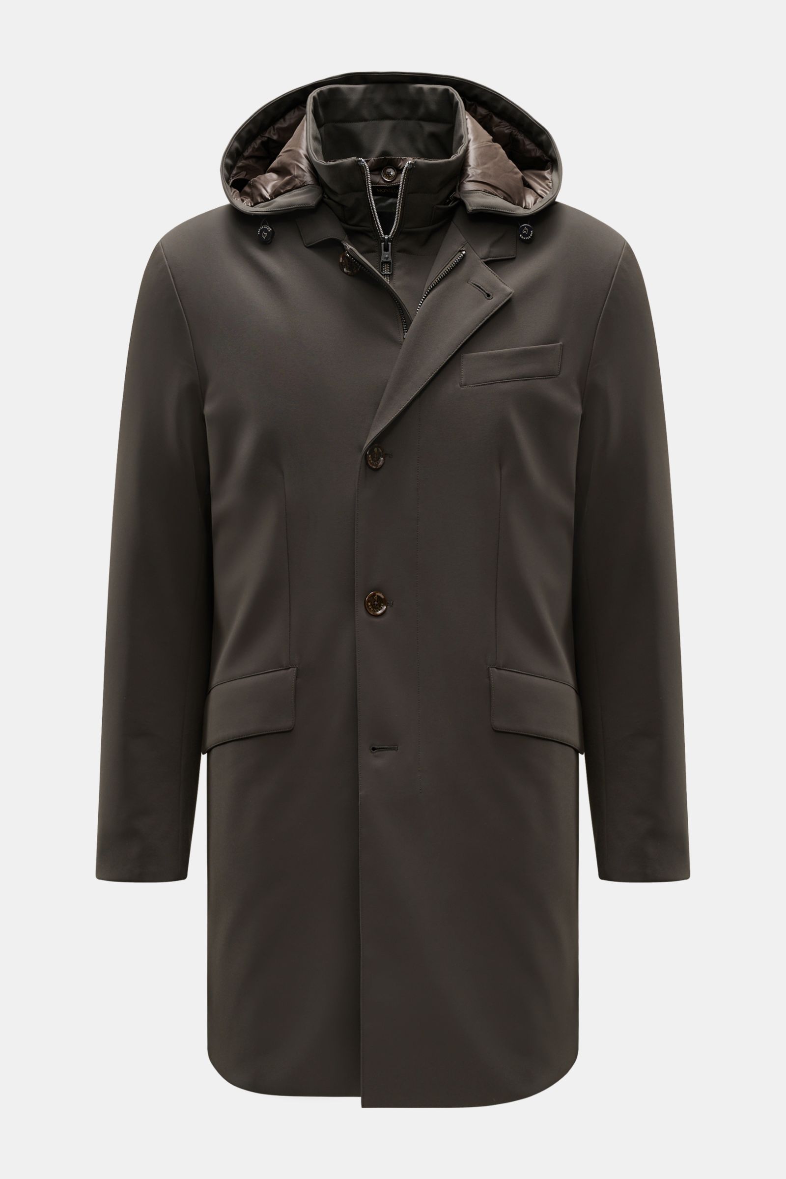 Montecore Daunenjacke dark olive, frontale Nahaufnahme, wind- und wasserabweisendes AeroTwill mit Double-Front, Kapuze, Slim Fit, Taschen.