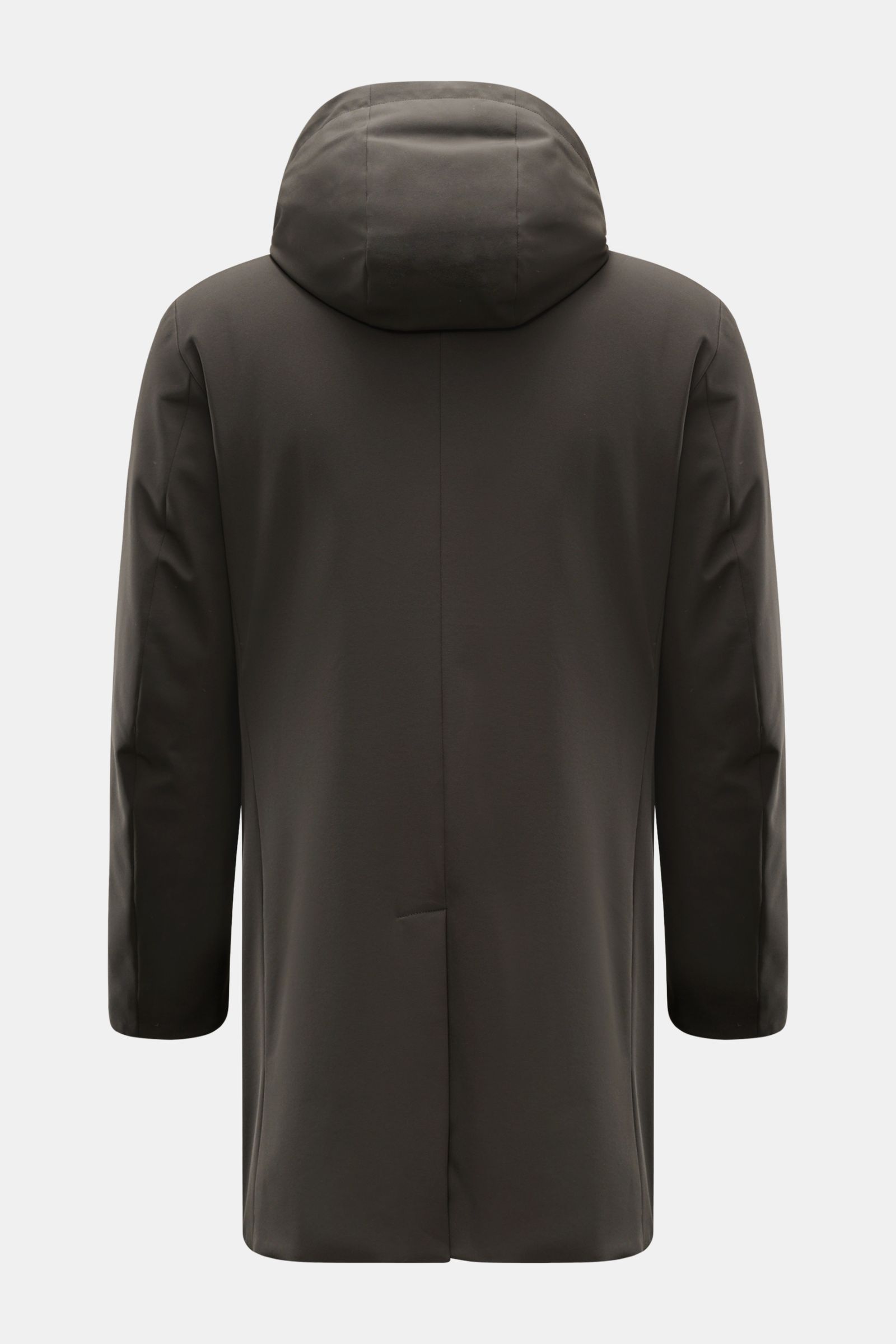 Montecore Daunenjacke dark olive, Rückansicht, wind- und wasserabweisendes AeroTwill-Material, abnehmbare Kapuze, Double-Front, Slim Fit.