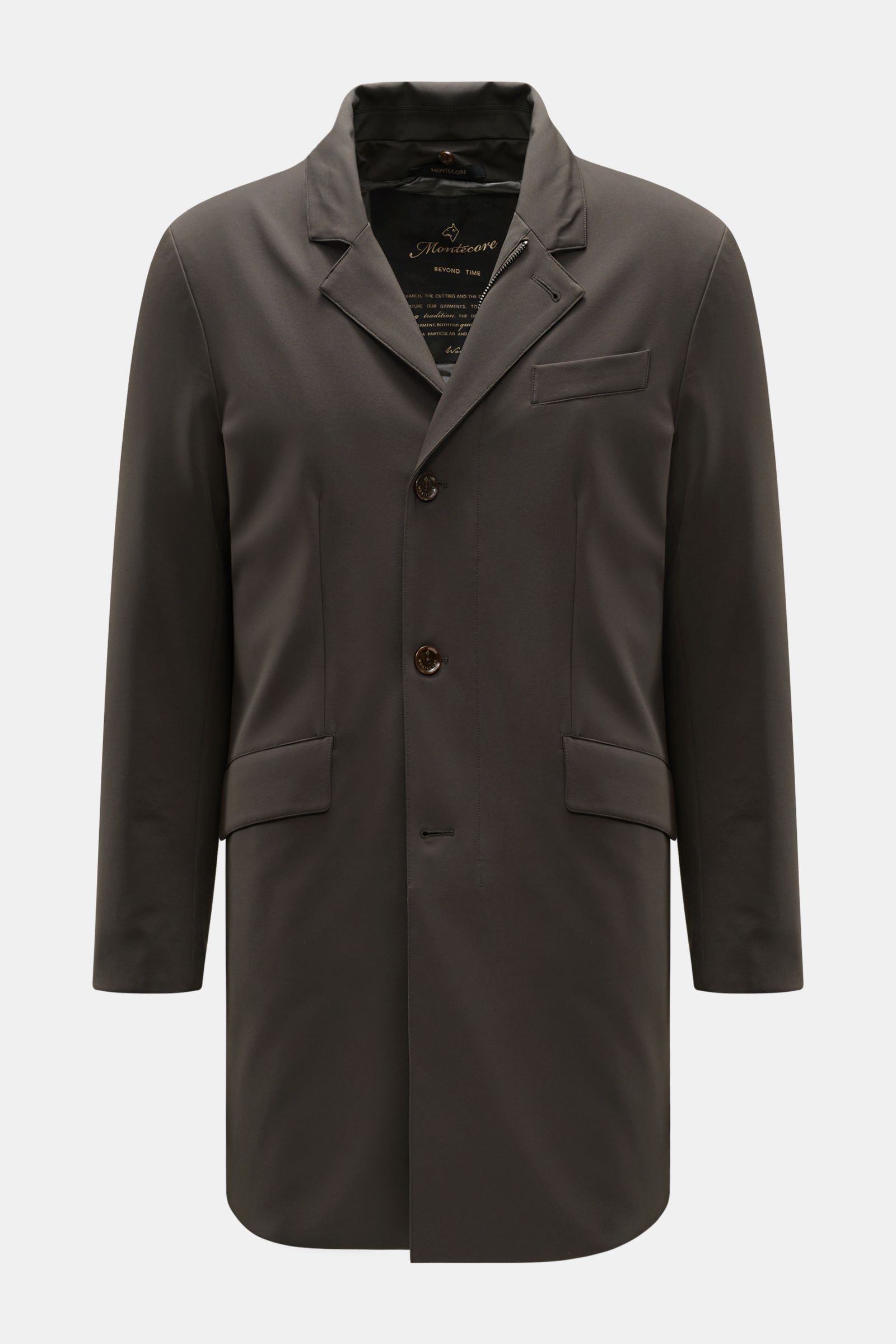 Montecore Daunenjacke dark olive, frontale Ansicht, wind- und wasserabweisendes AeroTwill-Material, Slim Fit, mit Taschen und Knöpfen.