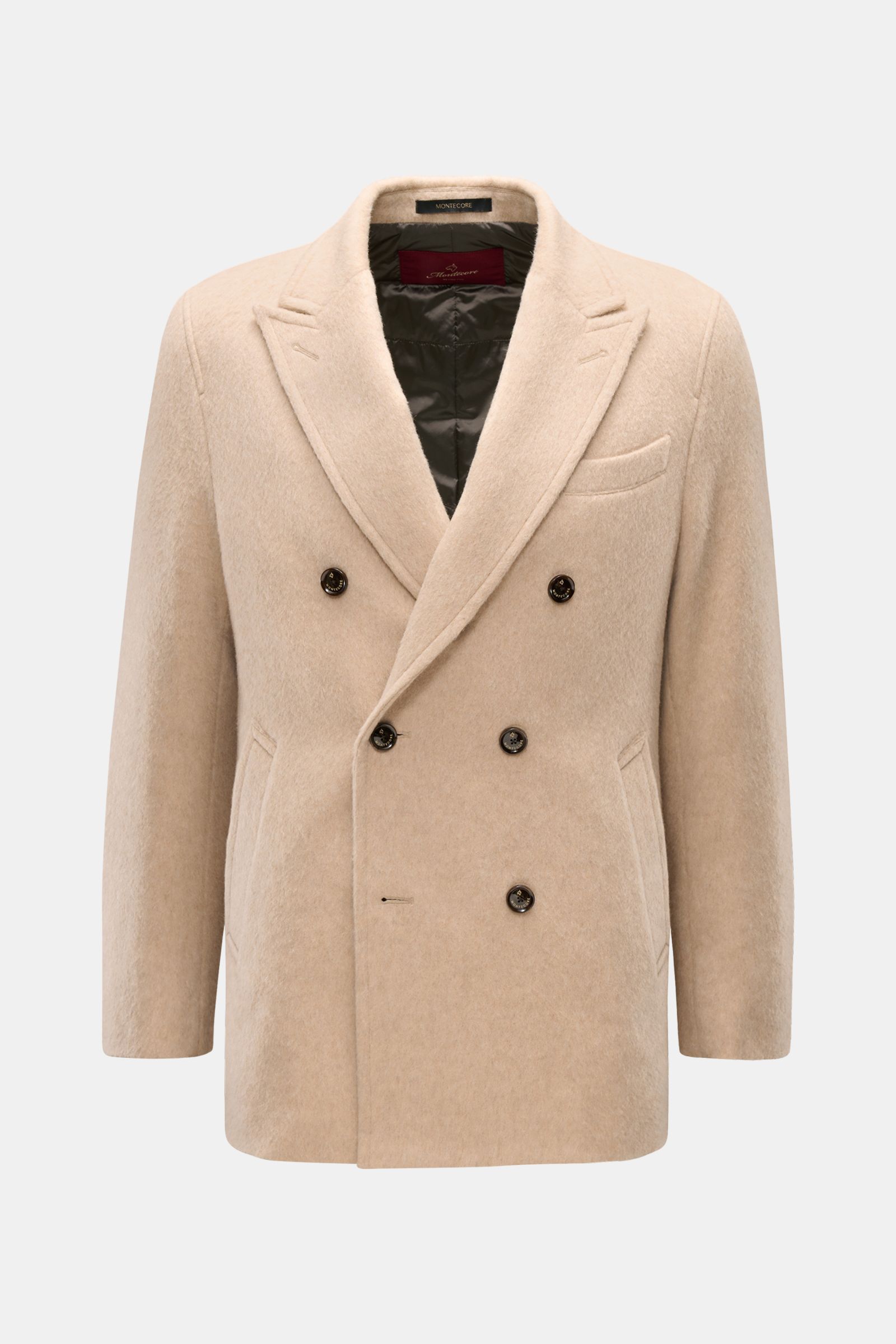 Montecore Daunen-Cabanjacke beige meliert, frontale Aufnahme, Slim Fit, Woll-Alpaka-Mix, zweireihig mit drei Knöpfen, Spitzrevers, Brusttasche, schräge Leistentaschen, Ärmelsaum mit Knöpfen, gestepptes Futter, zwei Innentaschen, rückwärtige Seitenschlitze