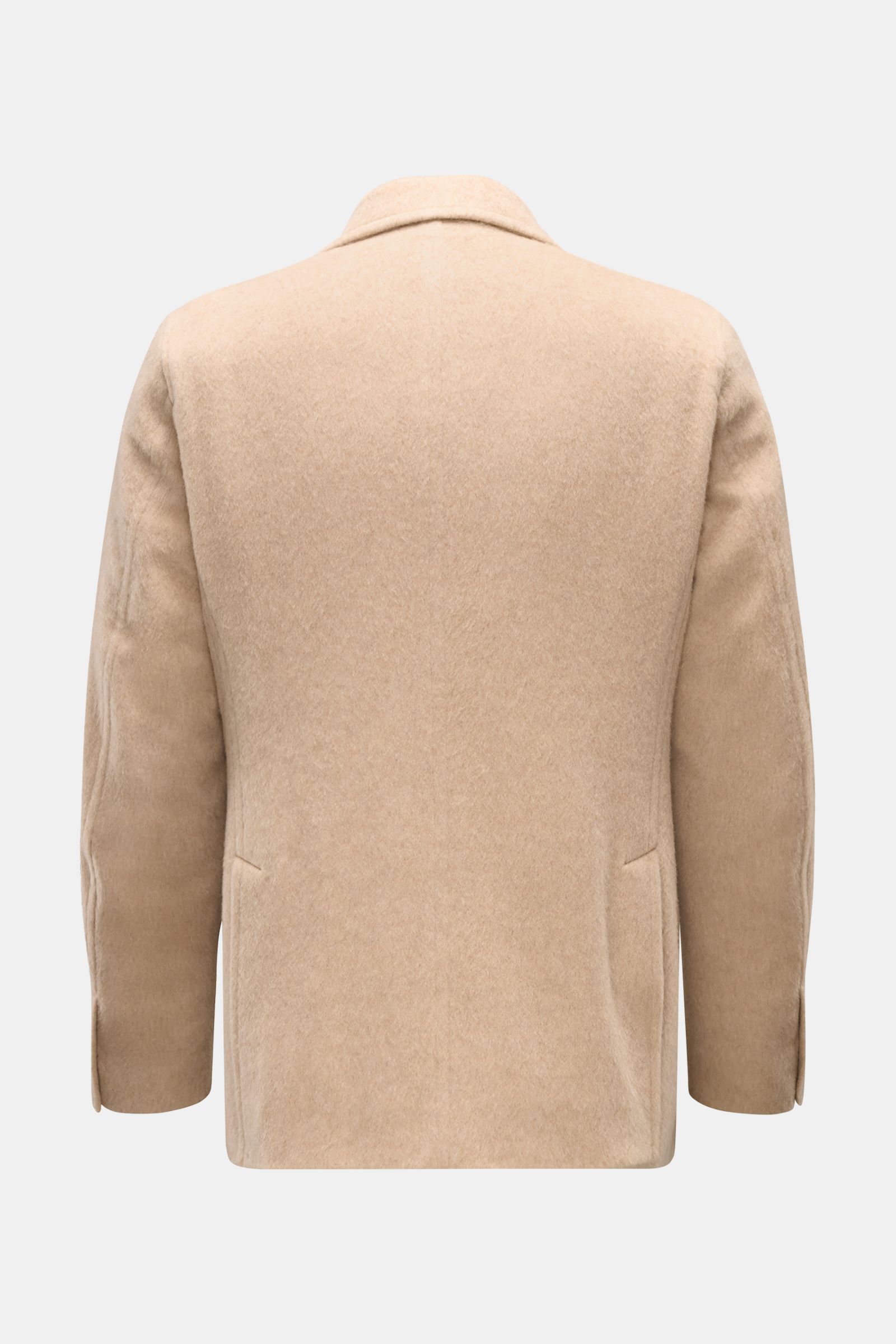 Montecore Daunen-Cabanjacke beige meliert, Rückansicht, Slim Fit, Woll-Alpaka-Mix, leichte Daunenfüllung, schräge Taschen, Knopfärmeln, Seitenschlitze.