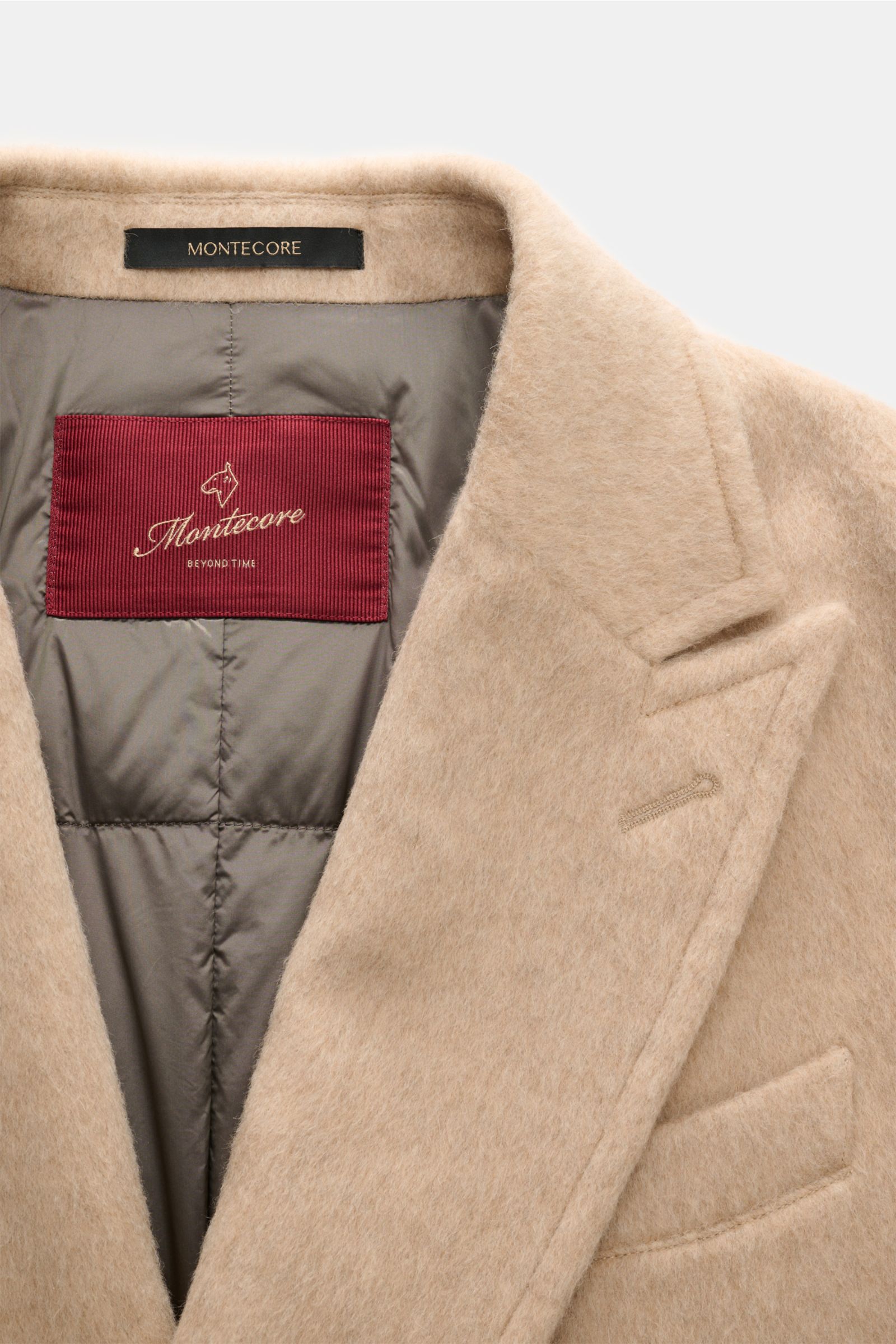 Montecore Daunen-Cabanjacke beige meliert, Front nah, Slim Fit, Woll-Alpaka-Mix, gesteppter Innenfutter, spitzes Revers, Brusttasche, Drei-Knopf-Stil