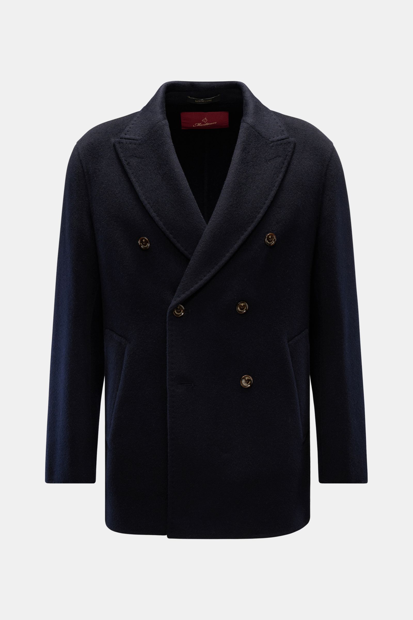 Front view of Montecore Cashmere Cabanjacke navy, a classic navy blue double-breasted cashmere jacket with peak lapels, angled welt pockets, buttoned cuffs, slim fit, unlined with one inside pocket, soft texture.