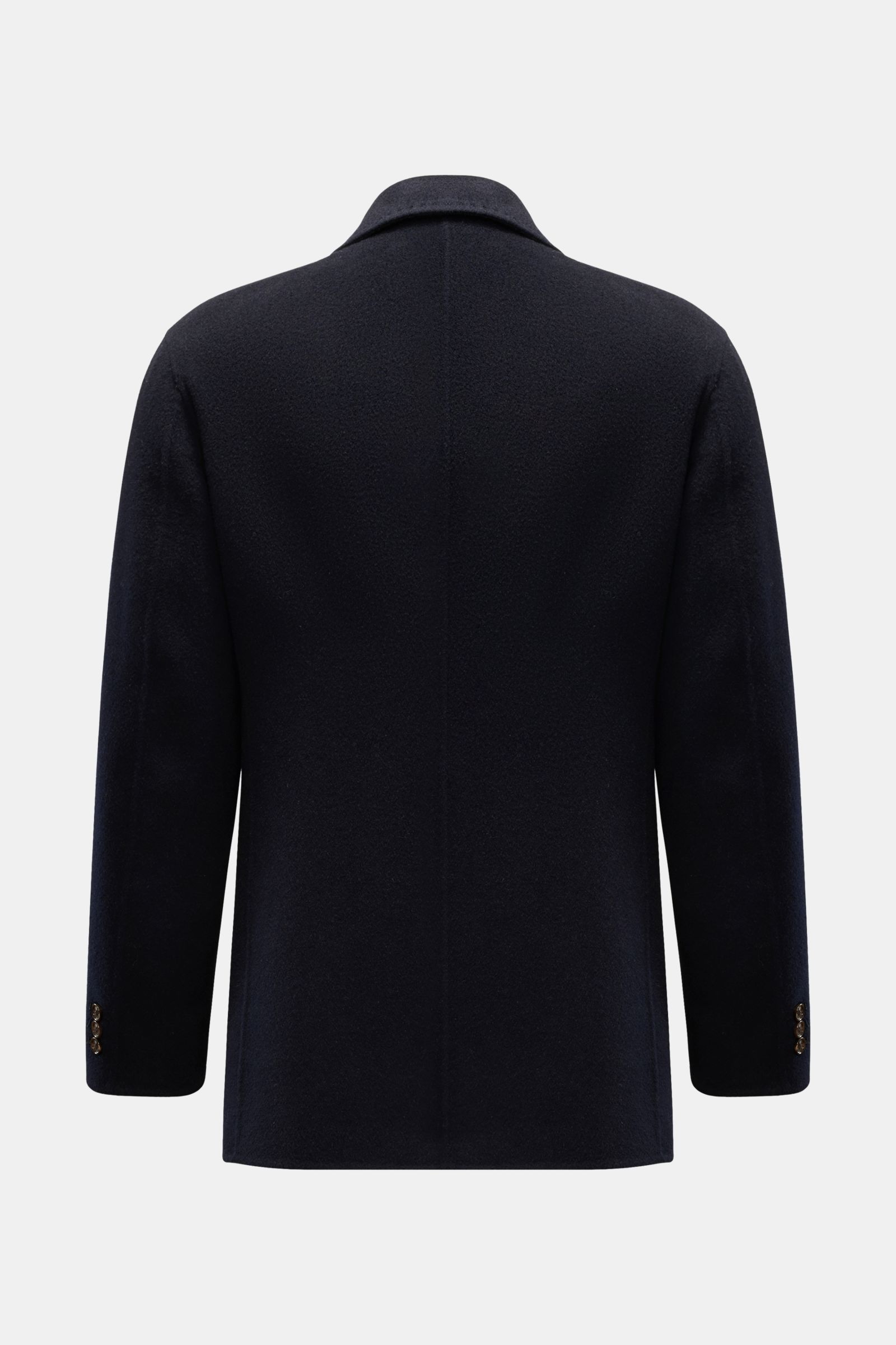 Back view of the Montecore Cashmere Cabanjacke navy, a classic slim fit pure cashmere jacket with soft texture, unlined, featuring buttoned sleeve cuffs.

Description to include: 
Klassische Cabanjacke: MONTECORE entwirft dieses Modell aus reinem Cashm