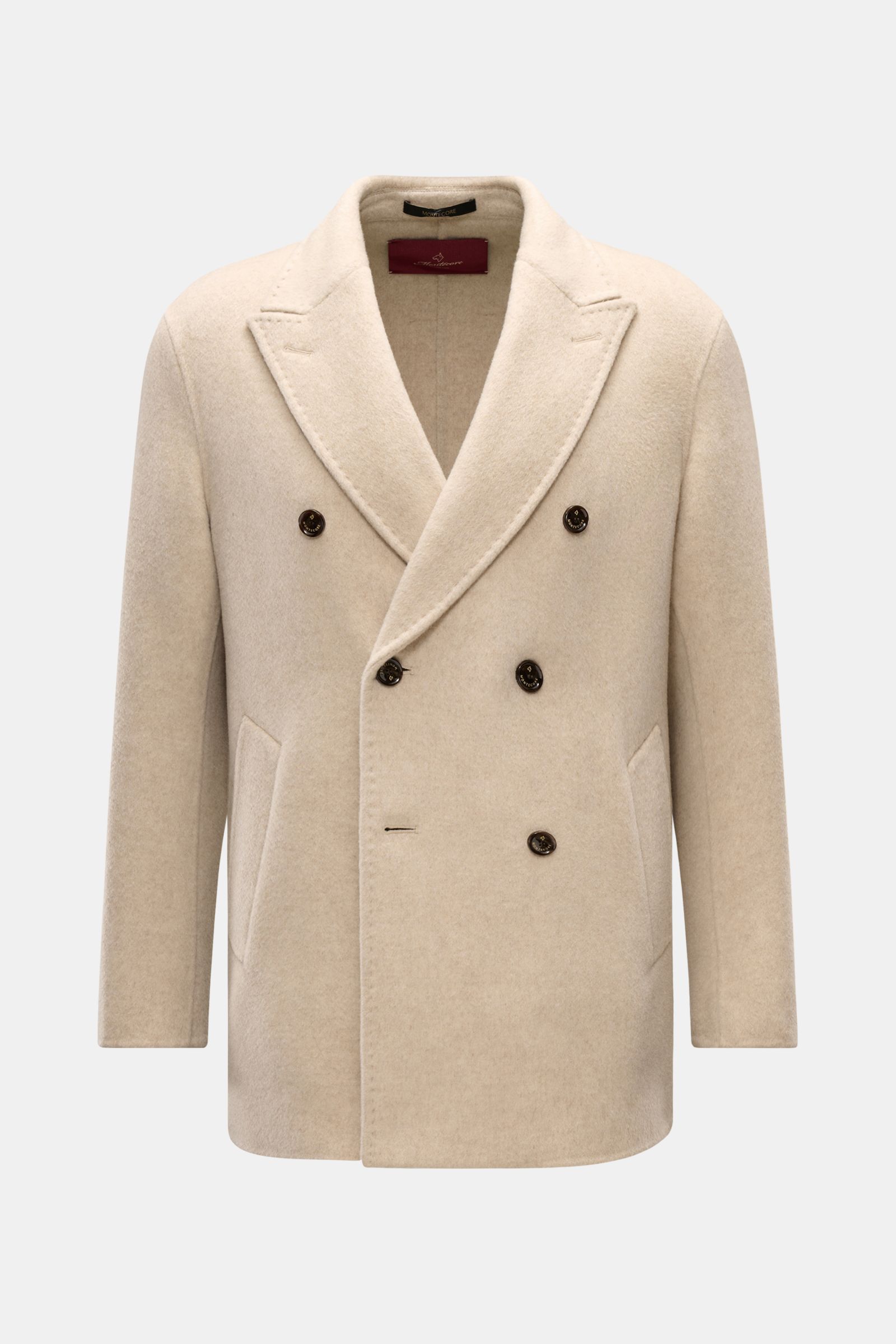 Montecore Cashmere Cabanjacke beige, frontale Ansicht, Slim Fit, reine Kaschmirqualität, zweireihige Knopfleiste, Spitzrevers, schräge Leistentaschen, Ärmel mit Knöpfen, ungefüttert.