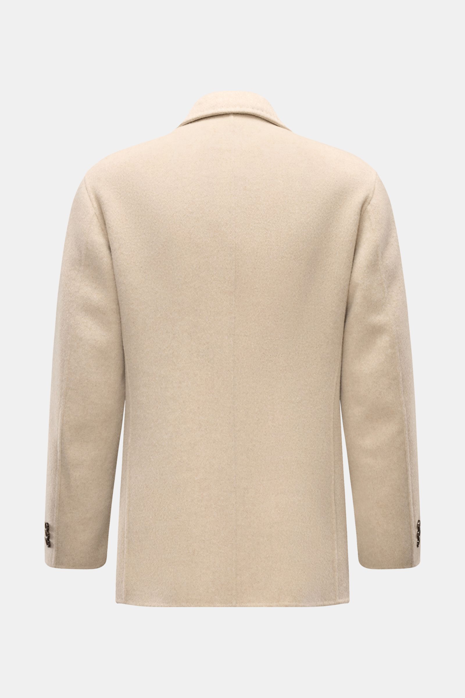 Beige Montecore Cashmere Cabanjacke in Slim Fit, zweireihig, Spitzrevers, Knöpfe an Ärmeln, schräge Taschen, Rückansicht, reiner Cashmere.