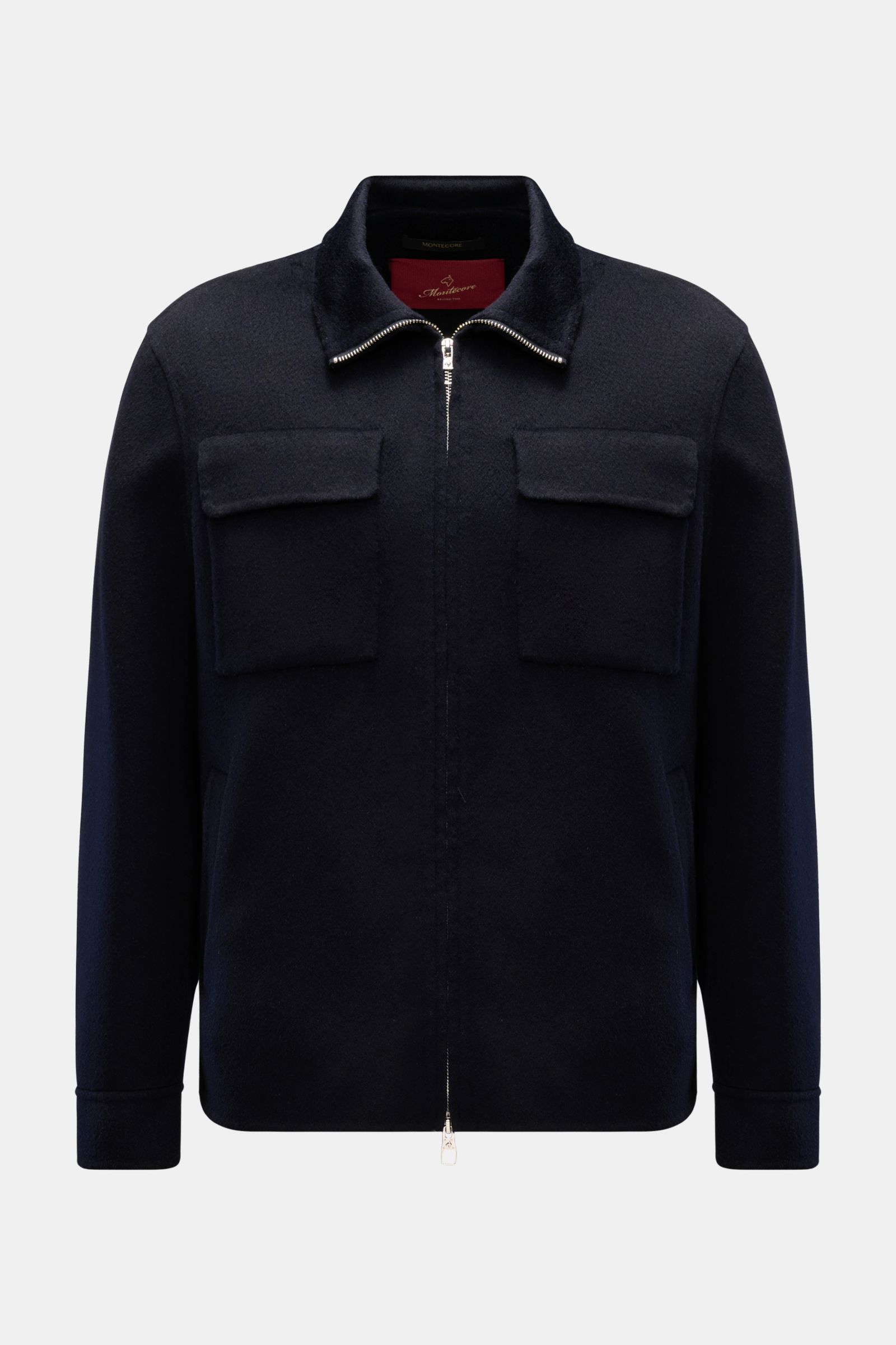 Front view of Montecore Cashmere jacket navy in pure cashmere, slim fit with large flap breast pockets, slanted hip pockets, high collar, and two-way zip. Classic lightweight design, soft feel, unlined with button cuffs and one inside pocket, perfect for 