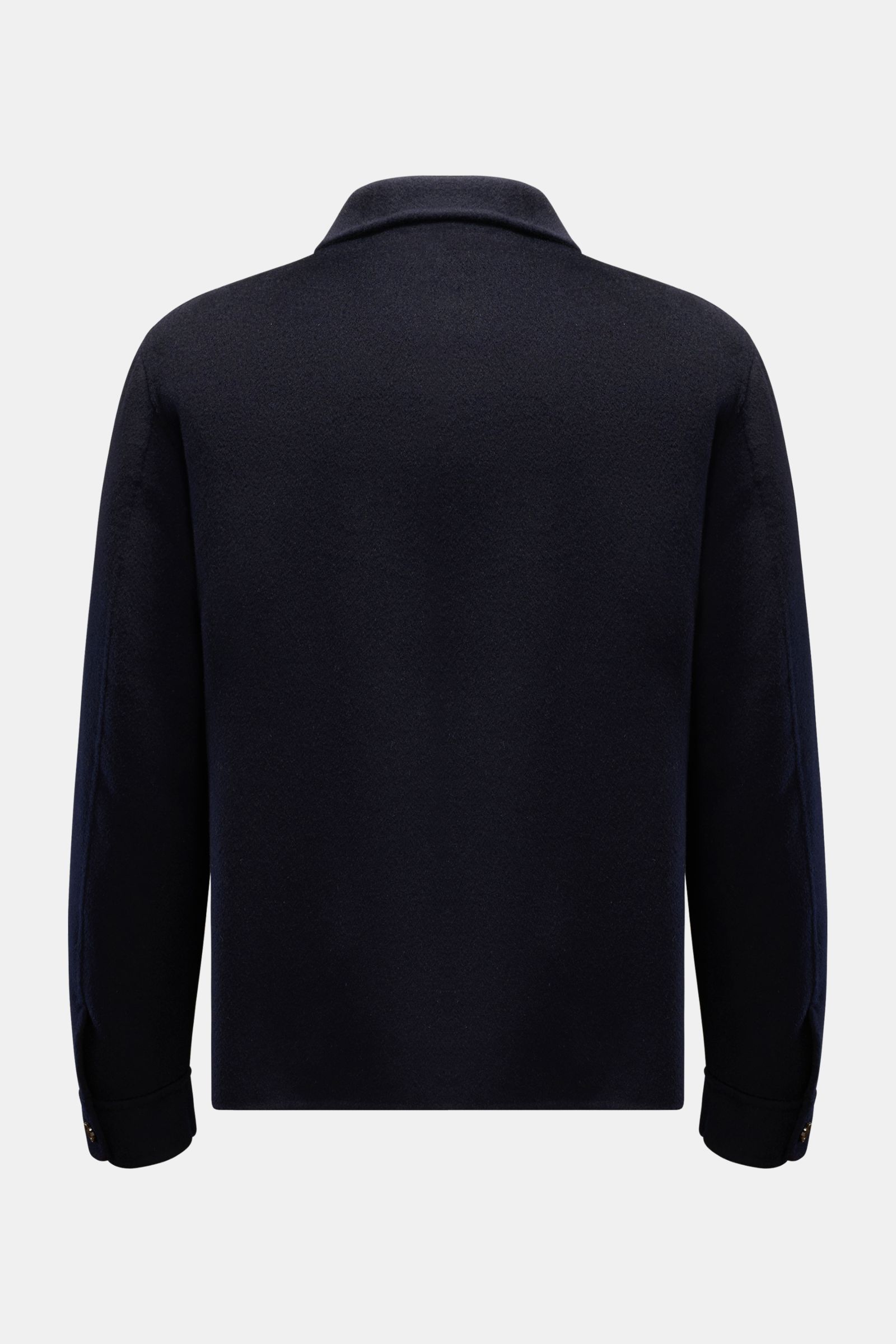 Rear view of the Montecore Cashmere jacket navy, a classic lightweight men's jacket in pure cashmere with a slim fit and high collar, shown from the back. 

Description: Classic lightweight jacket: MONTECORE understands the effect of a masculine design an