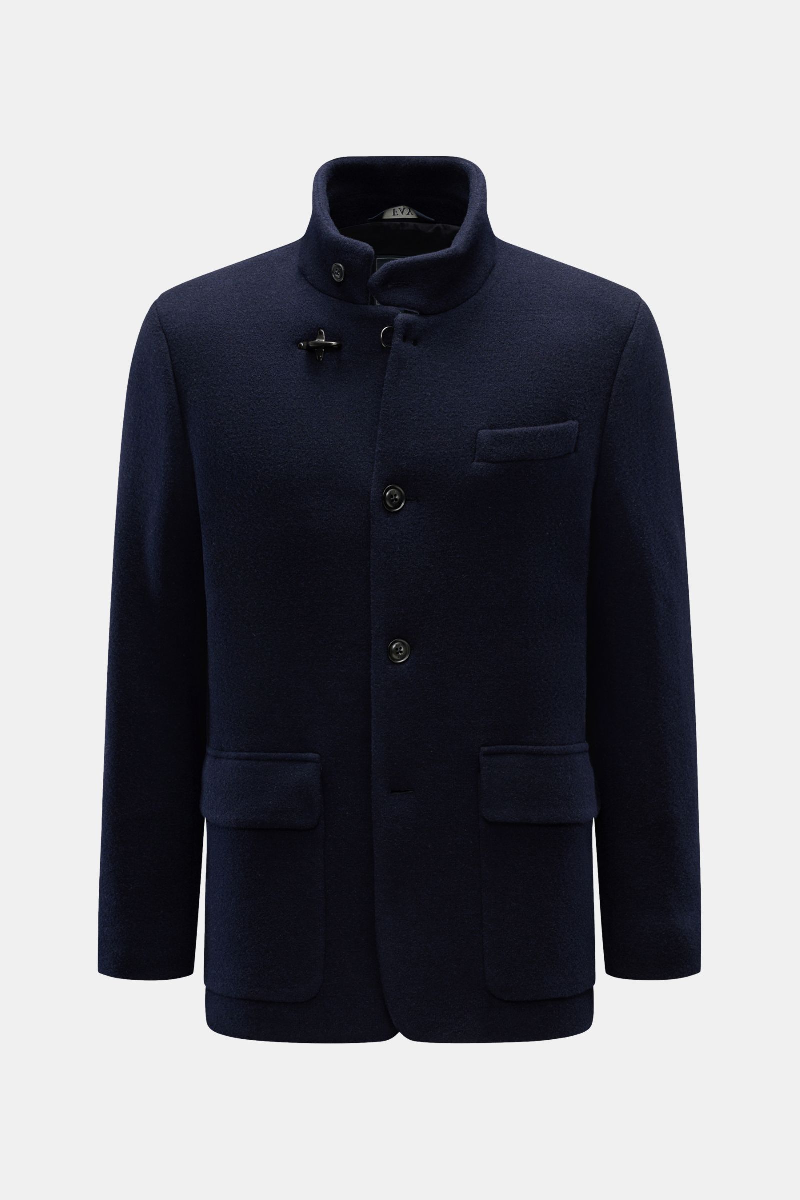 Fay Jacke 'Duty Jacket' navy in Slim Fit, frontale Ansicht, Stehkragen mit Karabinerverschluss, Woll-Microfaser-Jersey, Brust- und Hüfttaschen, halb gefüttert.