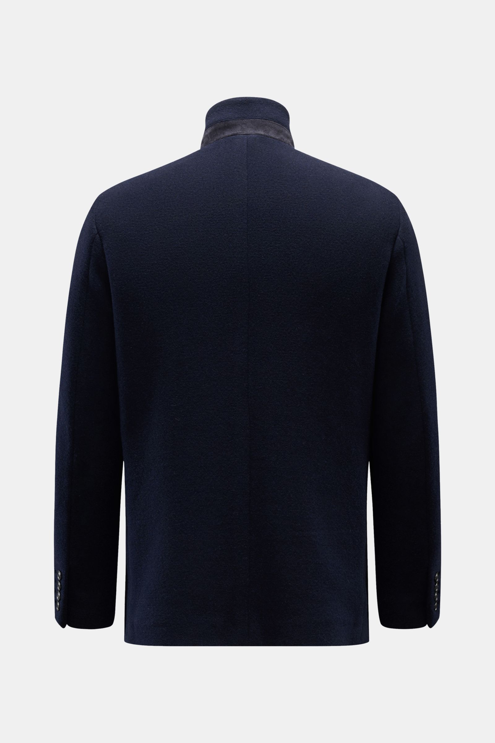 Fay Jacke 'Duty Jacket' navy von hinten, Slim Fit aus Woll-Microfaser-Jersey mit Stehkragen, Karabinerverschluss, Knopfleiste, Taschen, weicher Griff.