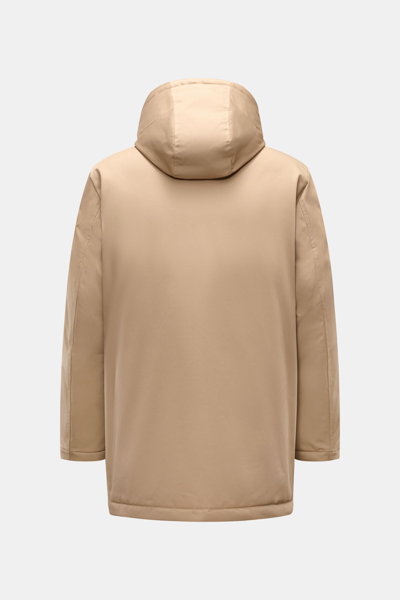 Rückansicht der Fay Daunenjacke 'Hooded Caban' sand mit wattierter Kapuze, elastischer Microfaser und leichter Daunenfüllung, Regular Fit.