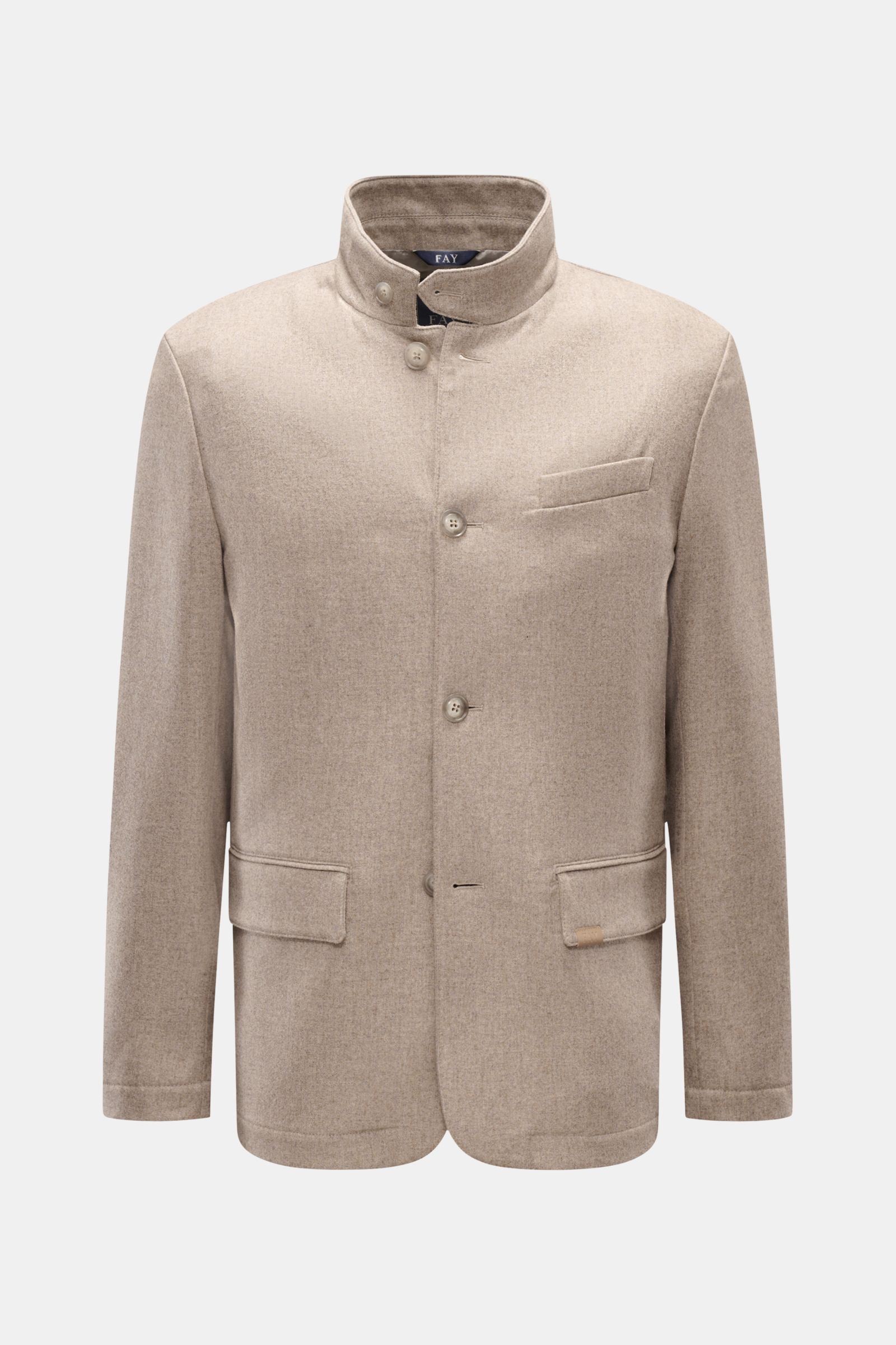 Beige melierte Fay Jacke in Slim Fit aus reiner Wolle mit Stehkragen, Vier-Knopf-Leiste, Brust- und Hüfttaschen, frontal fotografiert.