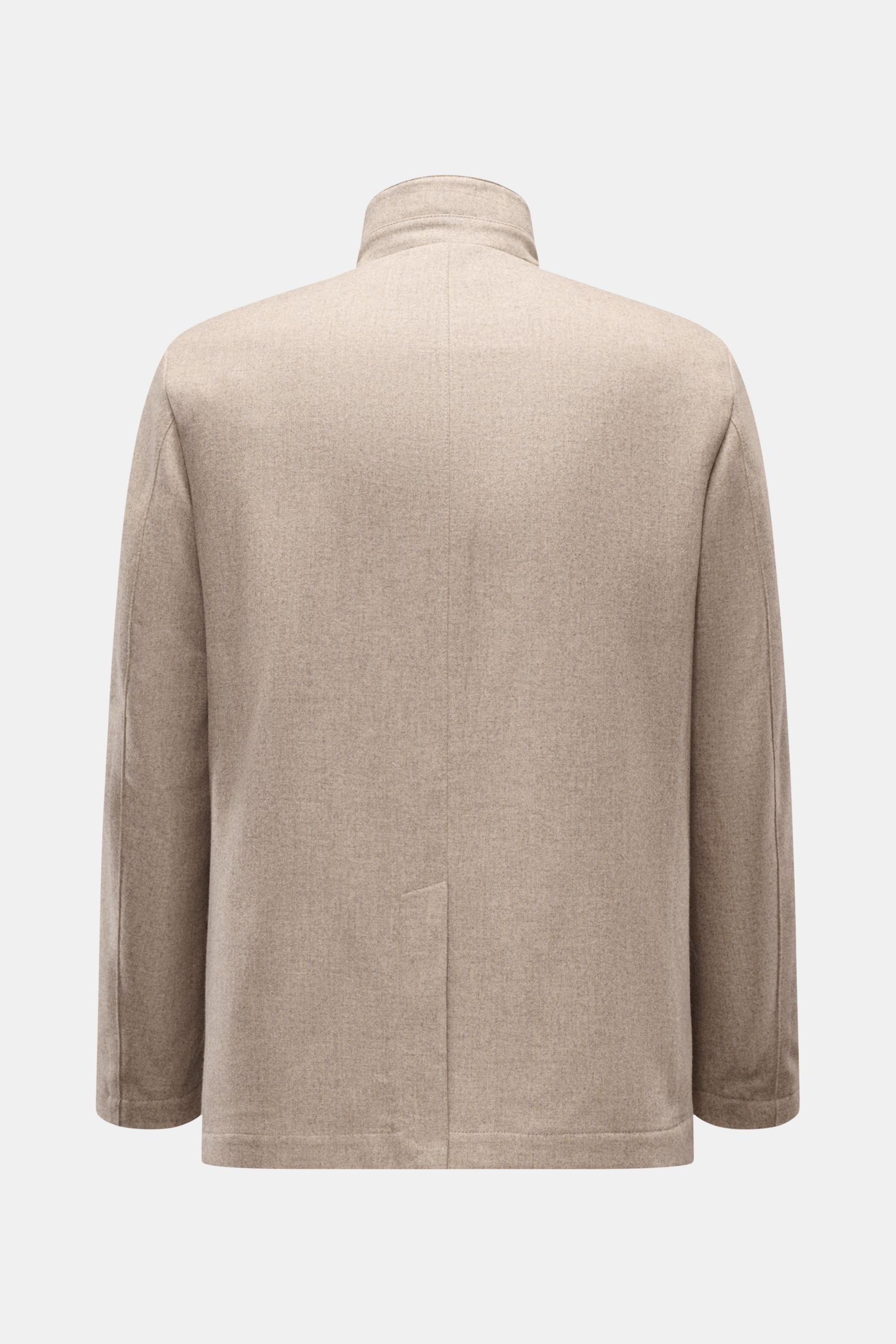 Fay Jacke beige meliert aus reiner Wolle, Slim Fit, mit Stehkragen, Rückenmittelschlitz, von hinten fotografiert, klassisch für Office und Freizeit.