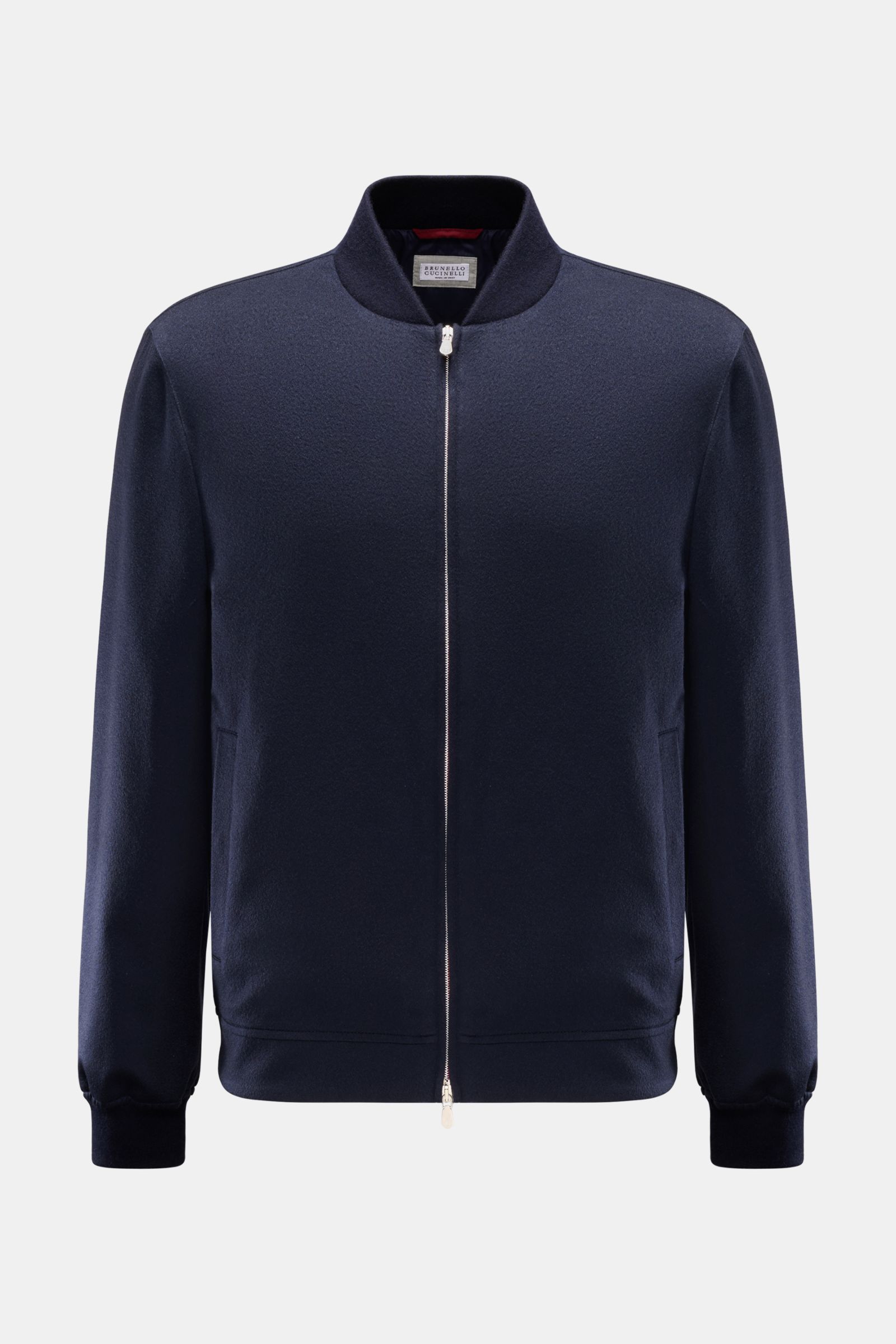 Brunello Cucinelli Cashmere Blouson navy, frontal fotografiert, Slim Fit, reiner Cashmere, zwei-Wege-Reißverschluss, Rippstrickkragen, paspelierte Taschen, elastische Bündchen, halb gefüttert, zwei Innentaschen.