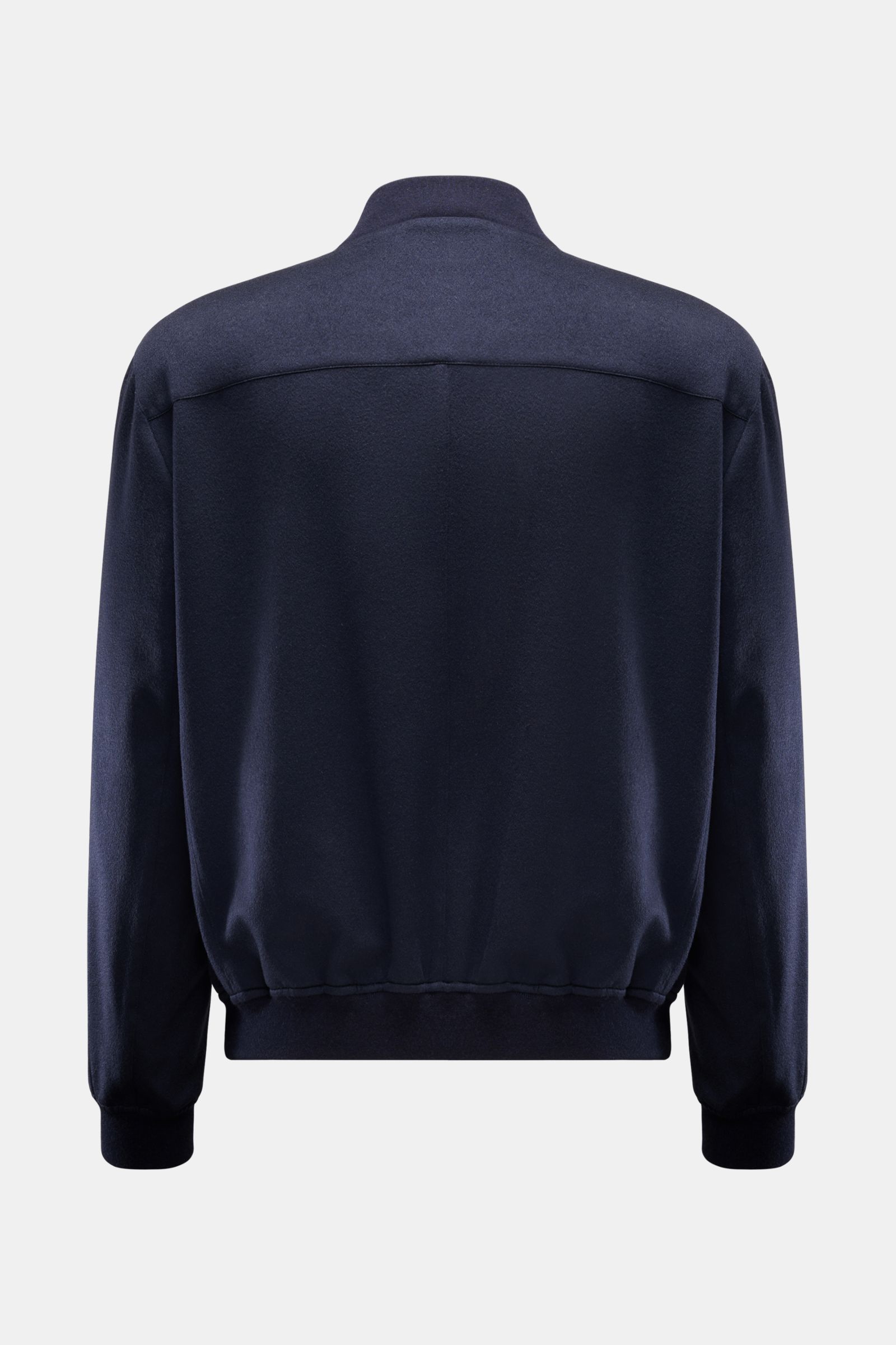 Brunello Cucinelli Cashmere Blouson navy, Rückansicht, Slim Fit, reiner Cashmere, weicher Griff, Rippstrickkragen, elastische Bündchen, halb gefüttert.
