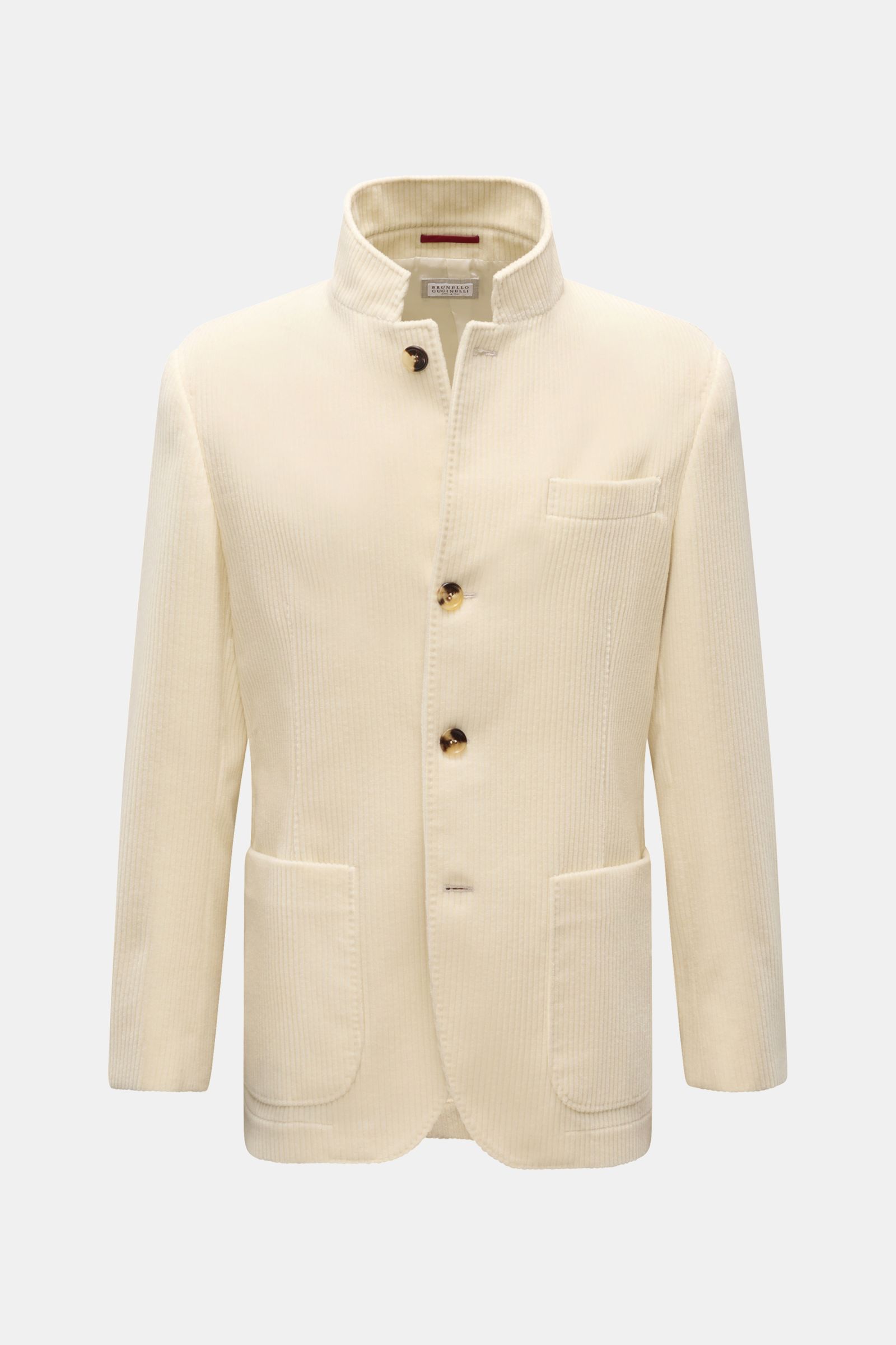 Front view of Brunello Cucinelli Cashmere Cordjacke creme, a slim fit cream cord jacket with soft cashmere fabric, four-button placket, variable collar, classic chest pocket, patch hip pockets, buttoned cuffs, back side vents, half-lined interior, and thr