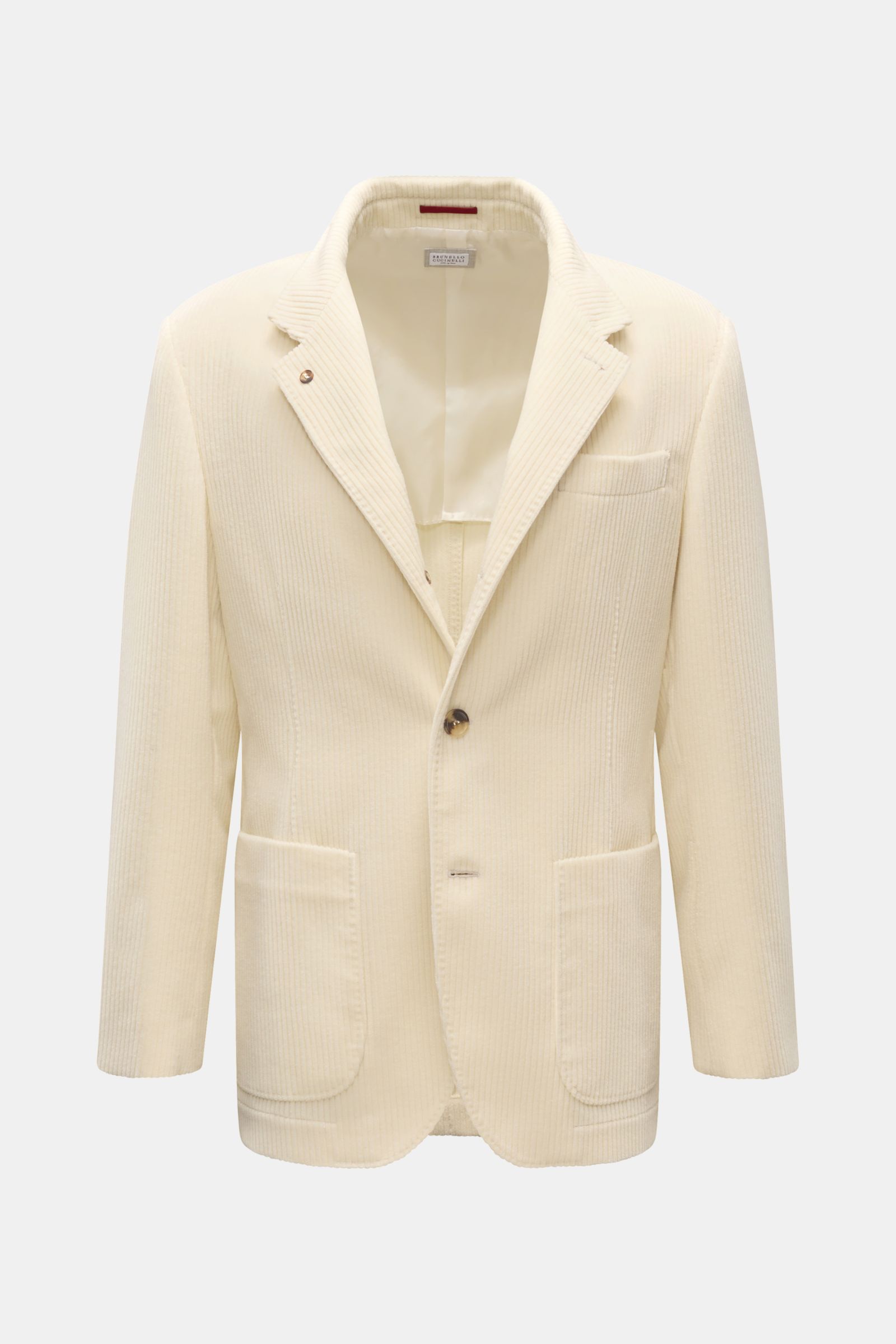 Front view of a Brunello Cucinelli Cashmere Cordjacke creme, a slim fit cord jacket in soft cashmere with four-button placket, variable lapel, classic chest pocket, patch hip pockets, buttoned sleeve cuffs, back side vents, half-lined interior, and three 