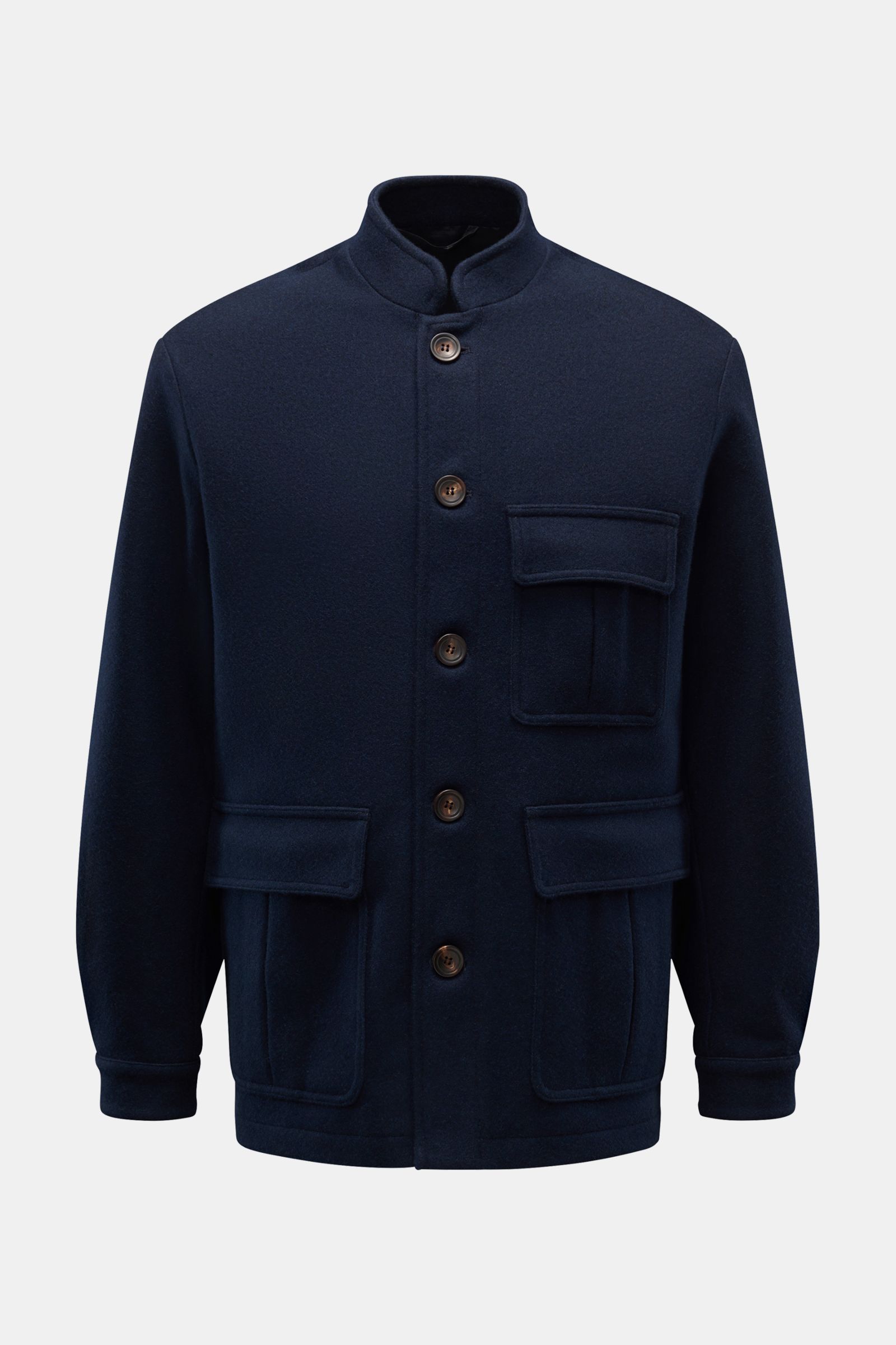 Front view of the Doppiaa Jacke 'Aasti' navy jacket made from a wool-microfiber mix with a soft touch, slim fit, five-button placket, stand-up collar, flap chest pocket, two flap hip pockets, buttoned sleeve cuffs, smooth lining, and two inside pockets. I