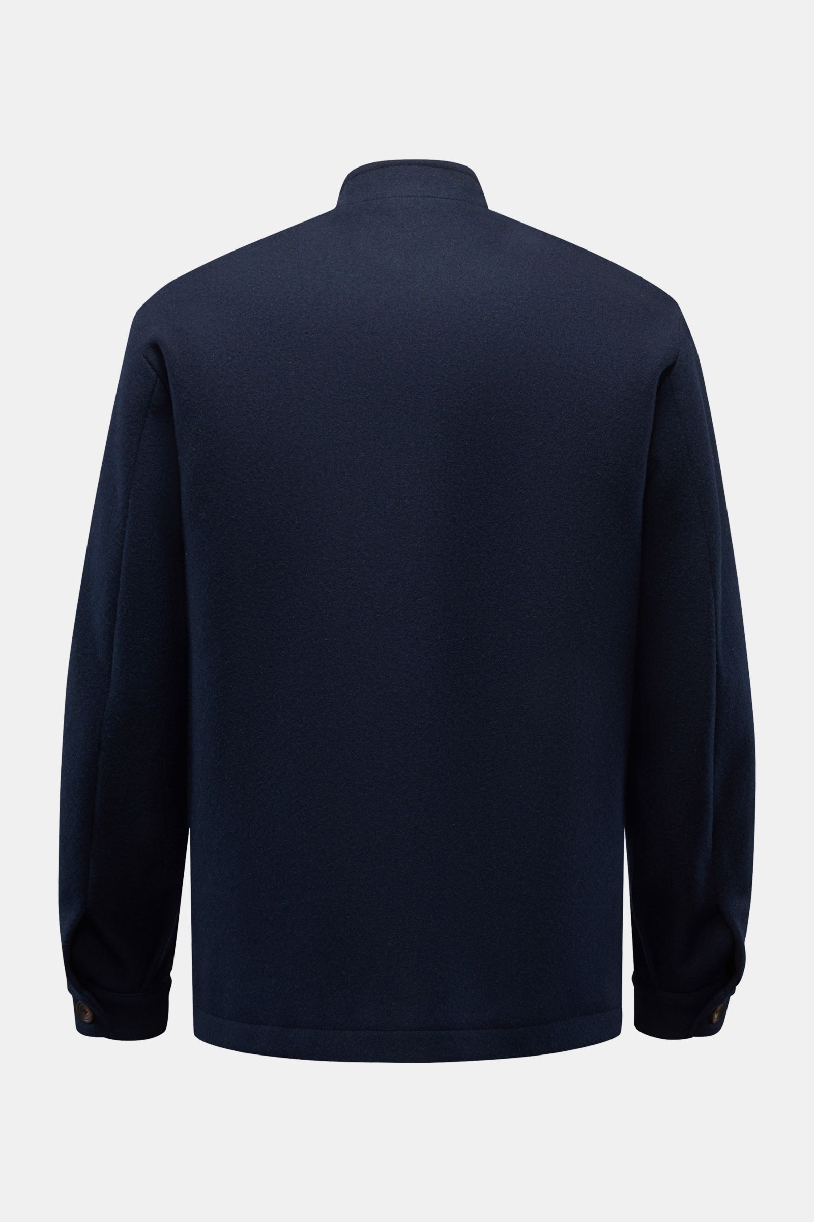 Rear view of Doppiaa Jacke 'Aasti' navy, a slim fit jacket with a soft wool-microfiber mix, standing collar, buttoned cuffs, and smooth lining. Italian charm meets modern casual style with large patch pockets and five-button front. Features include chest 