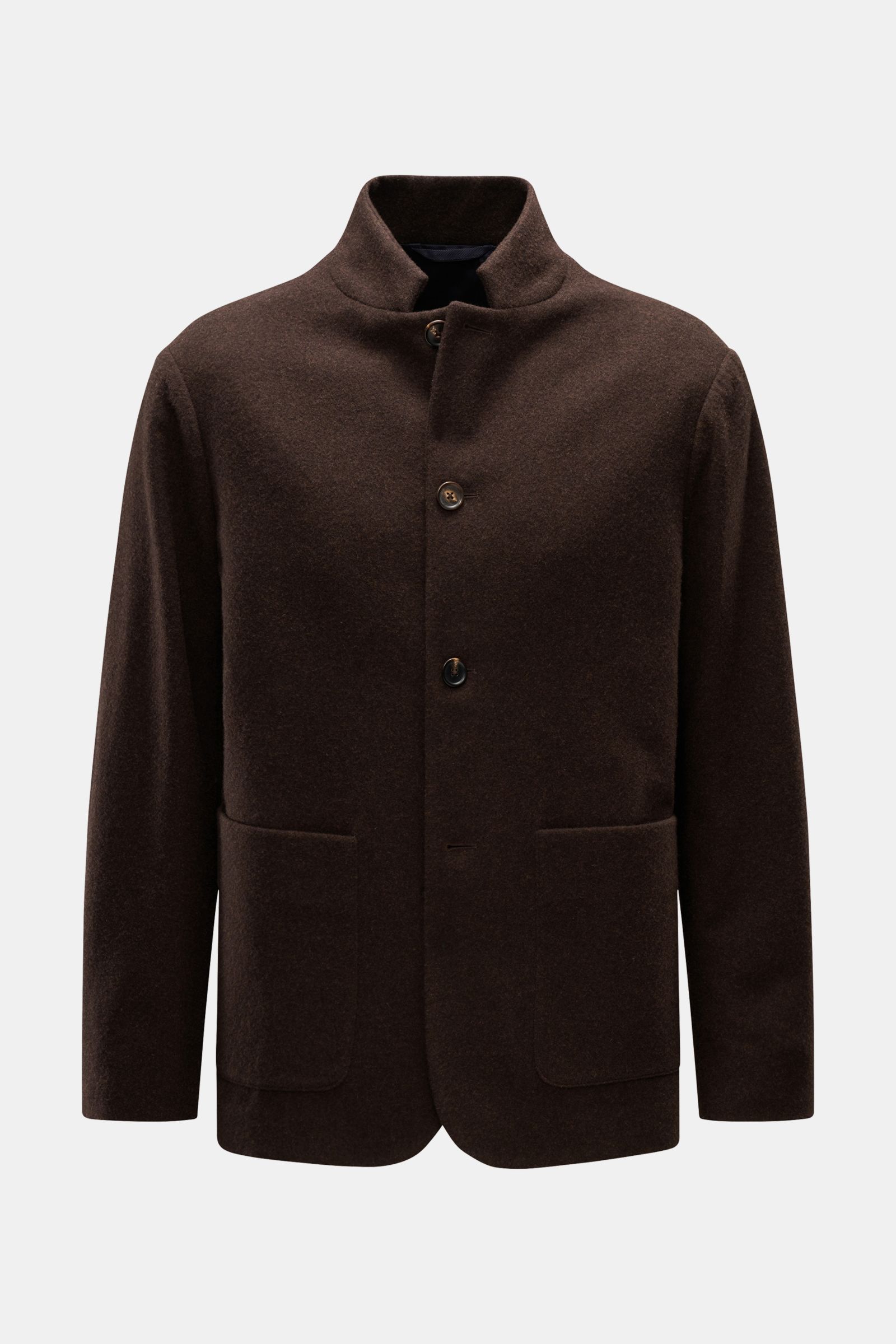 Doppiaa Jacke 'Aaneto' dunkelbraun, Slim Fit, mit vier Knöpfen, variablem Kragen, aufgesetzten Taschen, aus Wolle, Cashmere, Microfaser, frontal fotografiert.