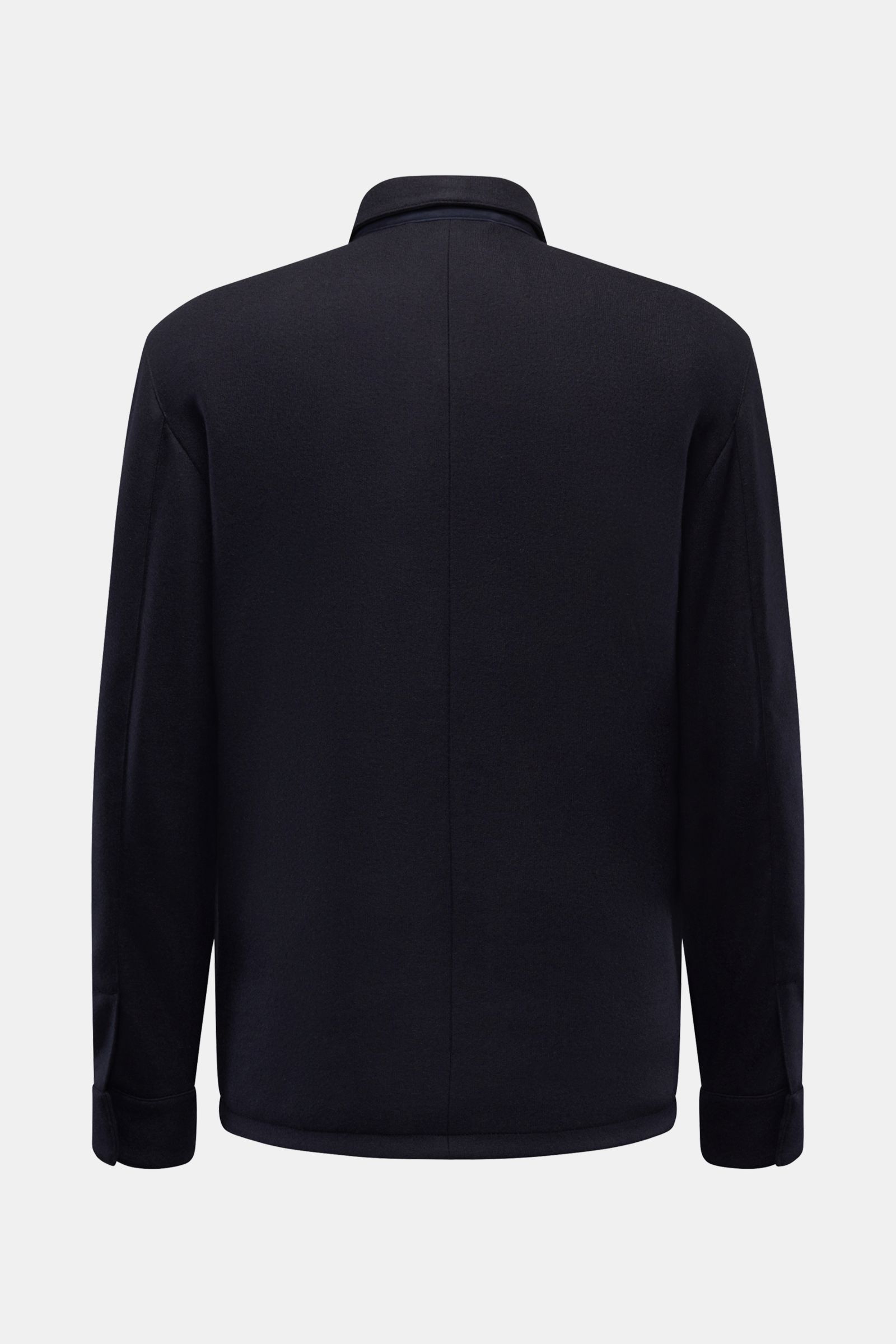 Back view of the Mandelli Cashmere Daunenjacke navy, a slim fit overshirt with down filling, made of cashmere and microfiber, featuring a soft touch and buttoned cuffs.