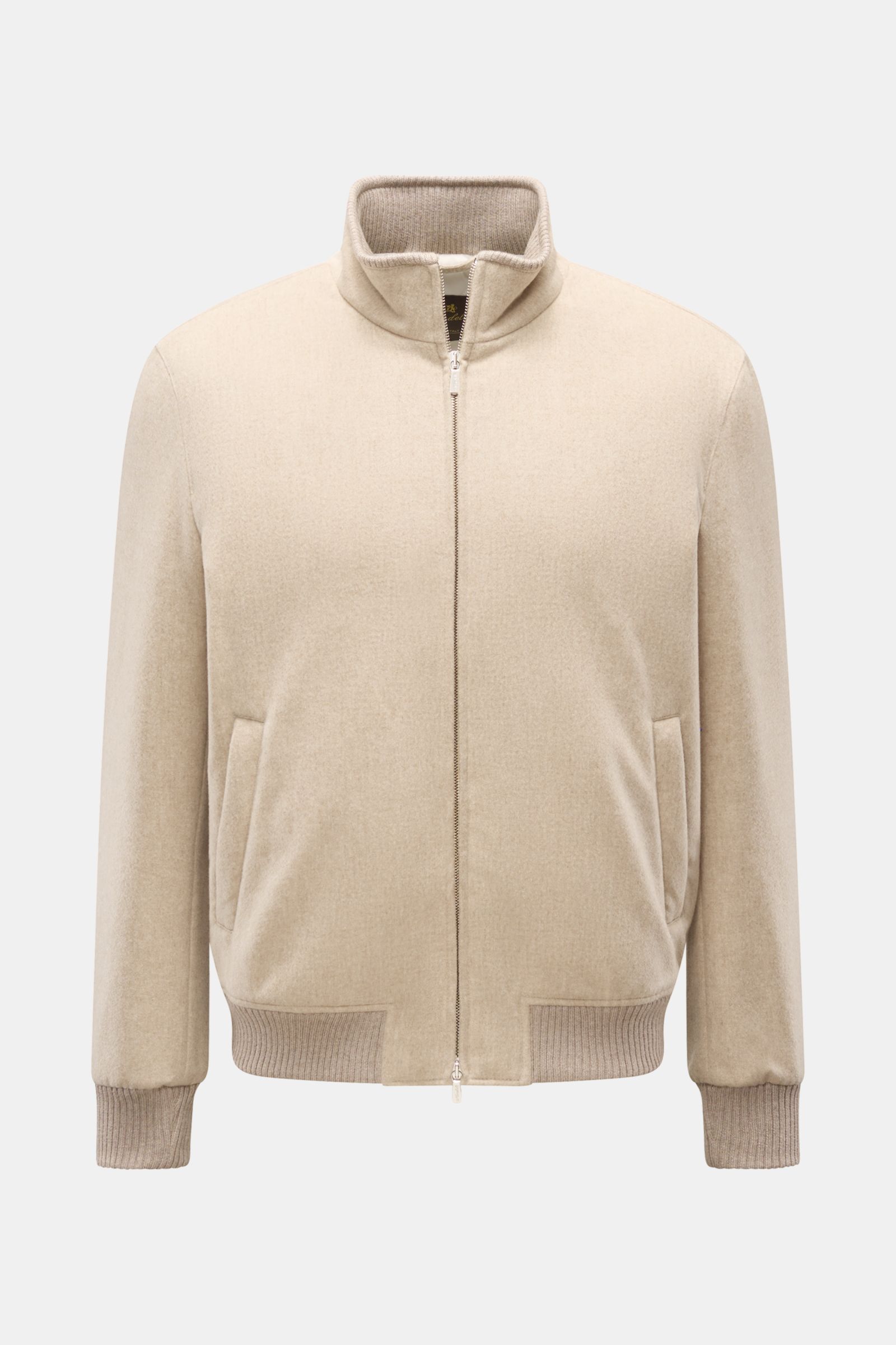 Front view of Mandelli Cashmere Blouson beige with zip closure, ribbed cuffs and waistband, made of reiner Cashmere, sehr weicher Griff, Slim Fit. -

reiner Cashmere
sehr weicher Griff
Slim Fit
 
