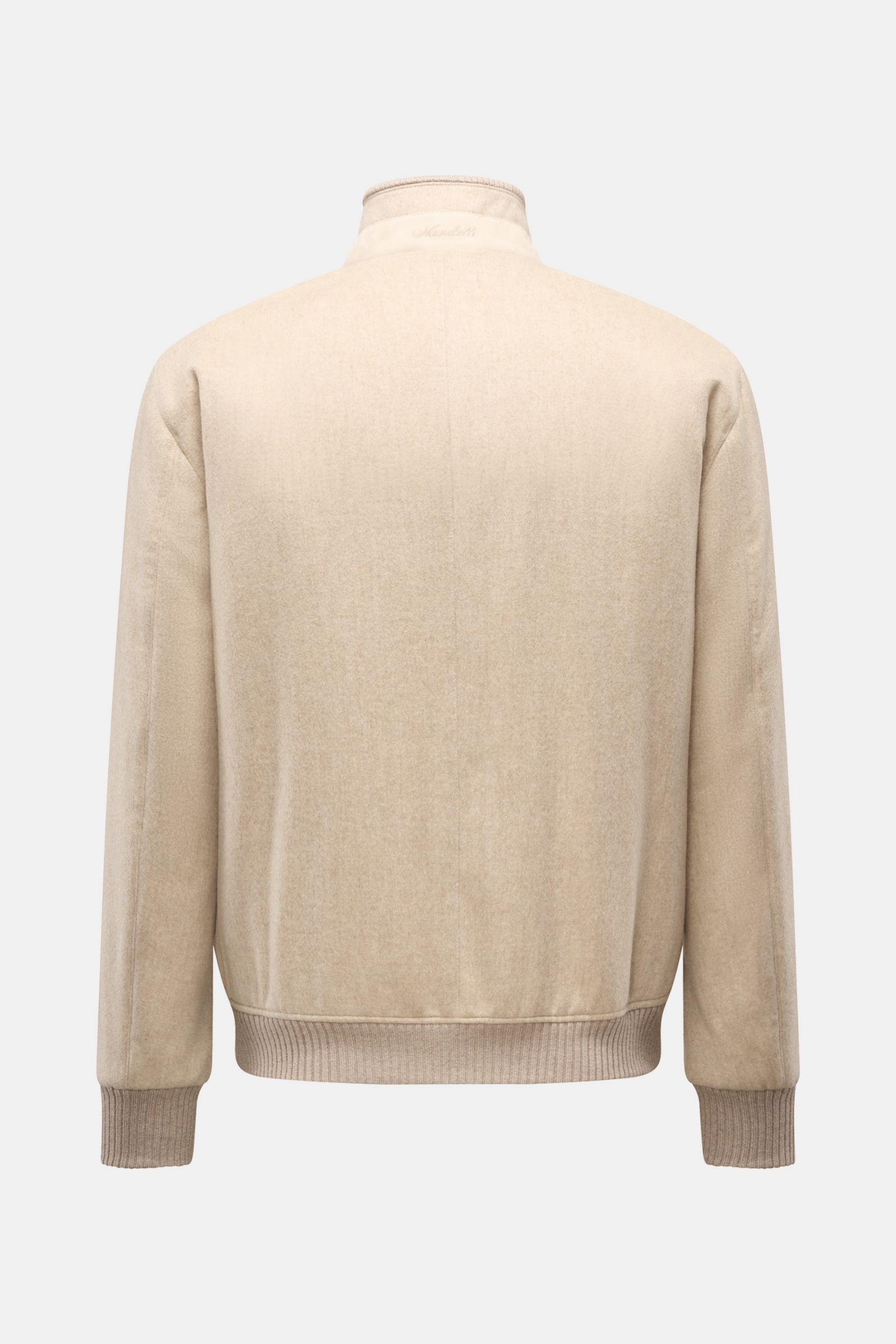 Back view of Mandelli Cashmere Blouson beige with ribbed cuffs and hem, showcasing its slim fit and very soft reiner Cashmere fabric. -  reiner Cashmere sehr weicher Griff Slim Fit   