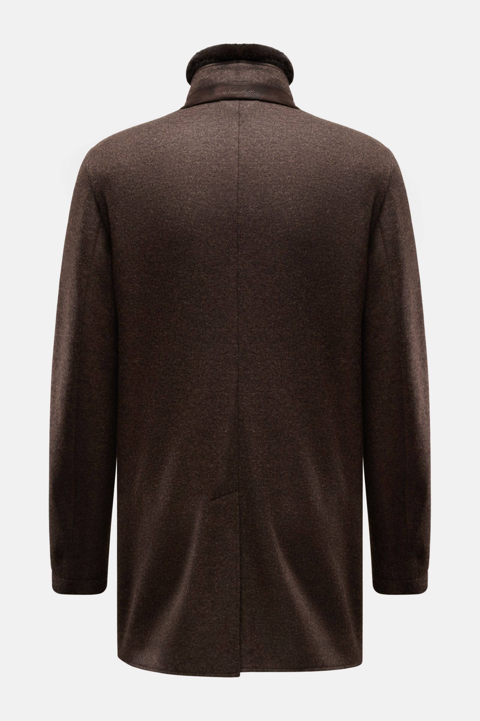 Mandelli Cashmere Jacke dunkelbraun meliert, Rückansicht, Slim Fit, Stehkragen mit Nerz, reine Wolle, leichte Jersey, weiche Haptik, Knopfleiste, Innentaschen.