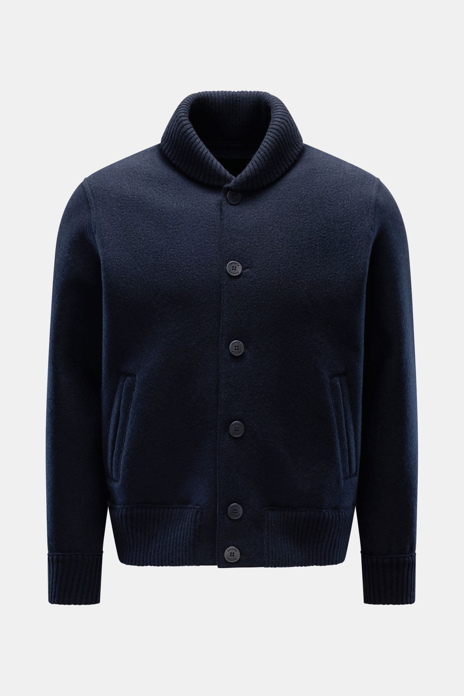 Lunaria Cashmere Cashmere Strickblouson navy, frontal fotografiert, Slim Fit Blouson mit Blousonkragen, fünf Knöpfen, paspelierten Taschen, breiten Rippbündchen, ungefüttert, gewalkte, weiche reine Cashmere-Qualität.