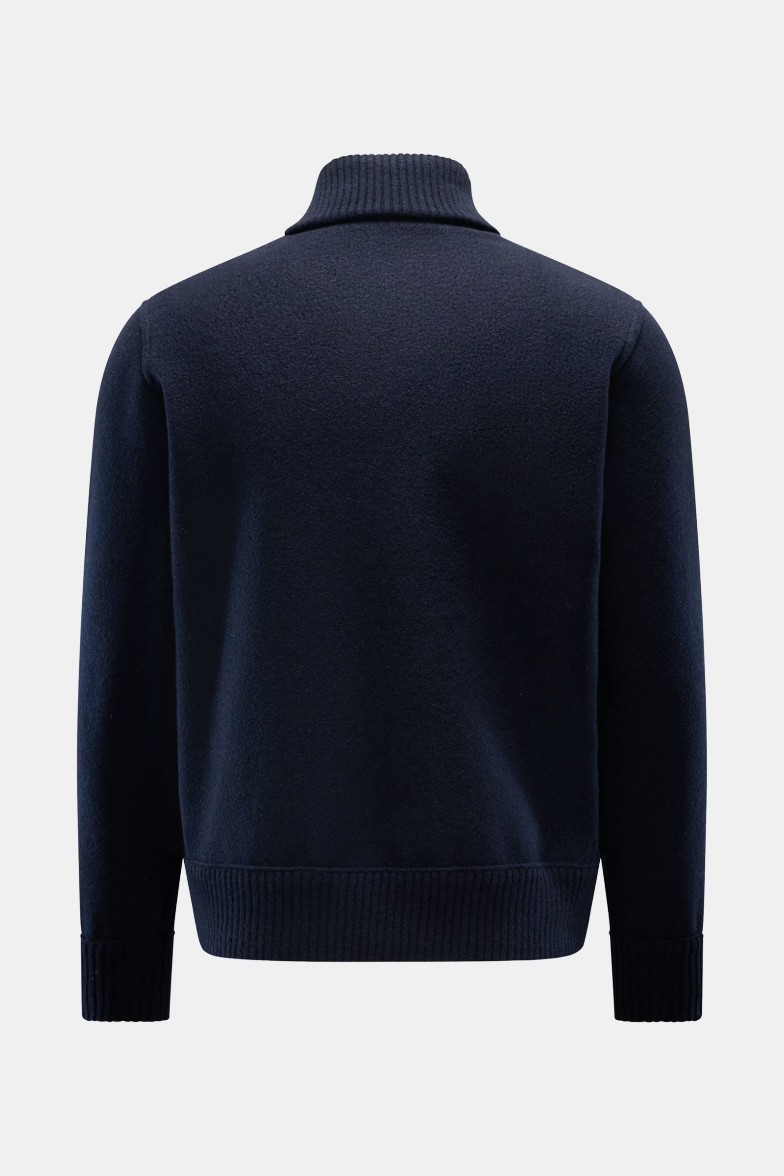 Lunaria Cashmere Cashmere Strickblouson navy, ungefüttert, Slim Fit, von hinten fotografiert mit Blousonkragen, weicher gewalkter Qualität.