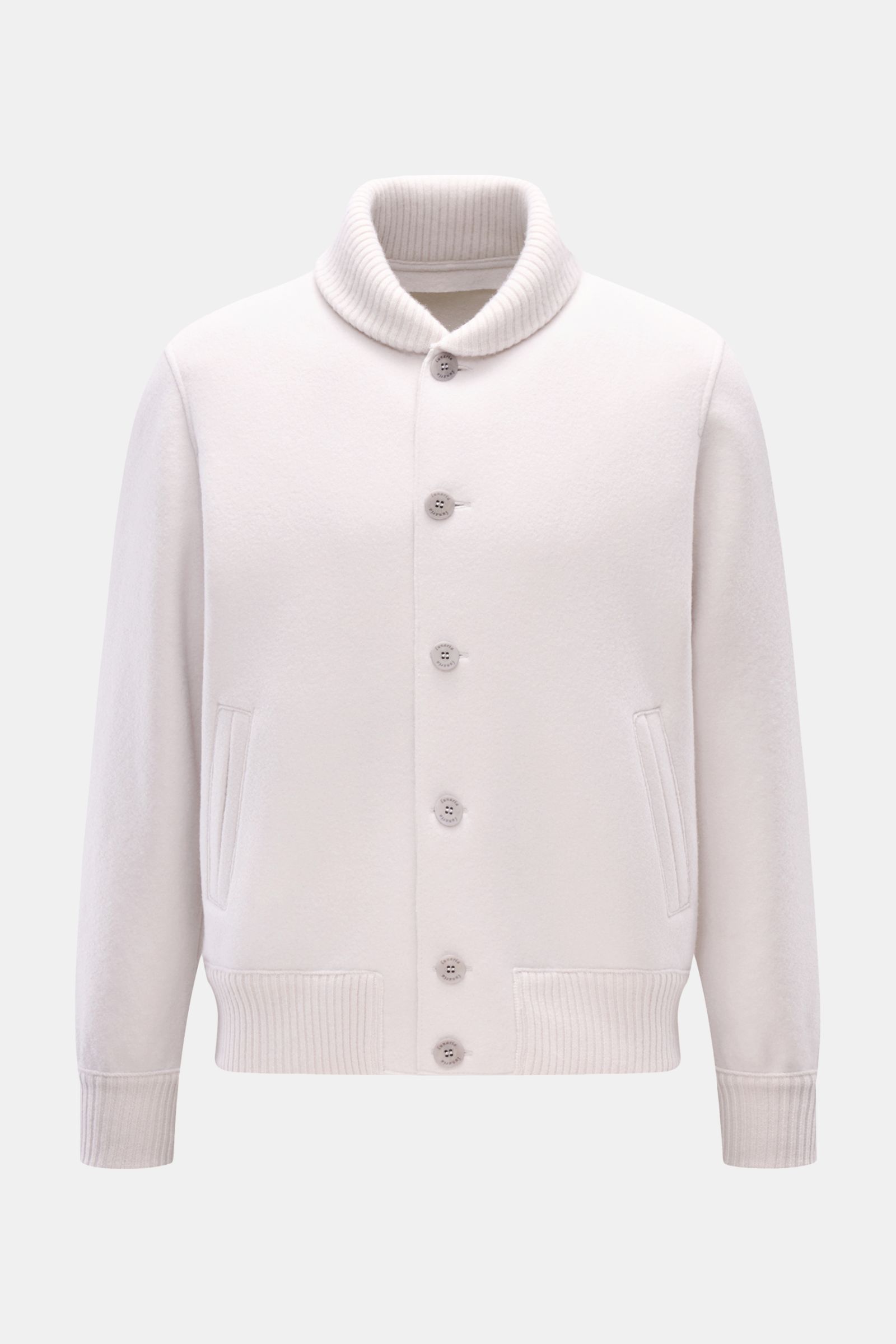 Lunaria Cashmere Cashmere Strickblouson hellgrau, Slim Fit, gewalkt, ohne Innenfutter, mit Blousonkragen, Fronttaschen und breiten Rippbündchen, Frontalansicht.