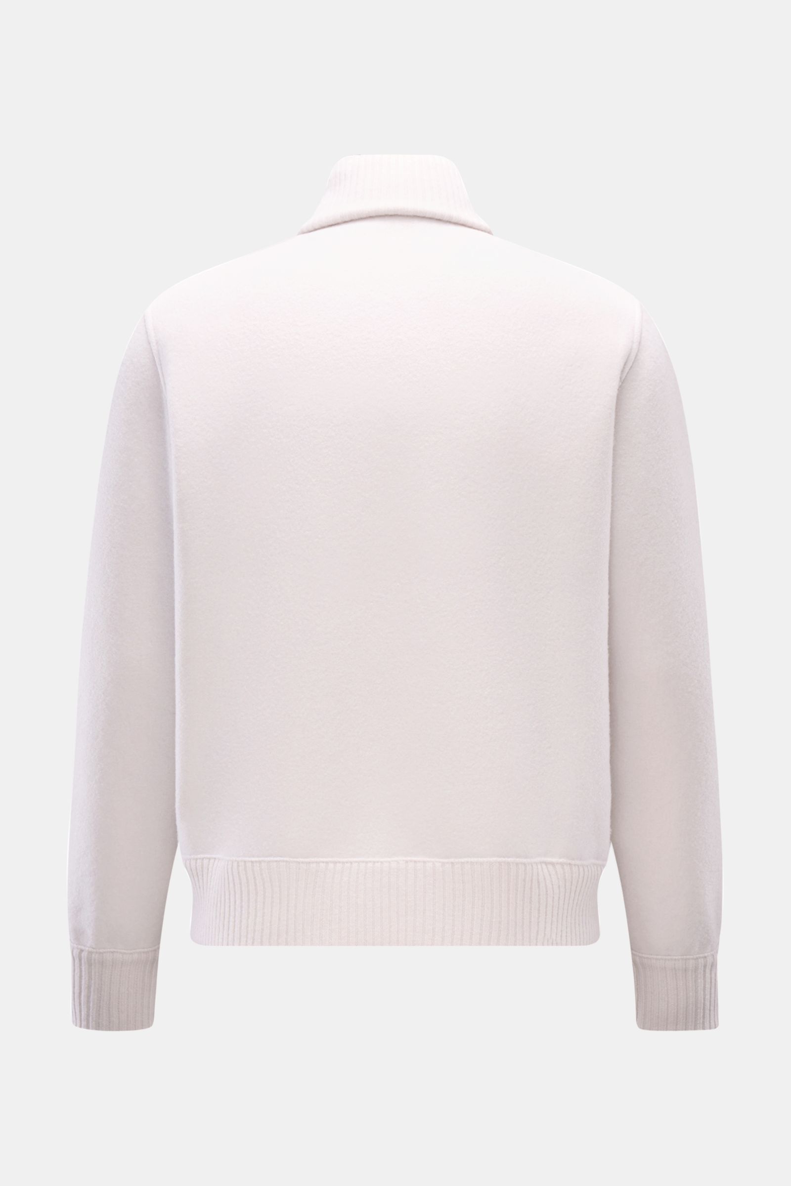 Rückansicht des Lunaria Cashmere Cashmere Strickblouson hellgrau, ungefüttert, Slim Fit, mit breiten Rippbündchen aus weichem, gewalktem Cashmere.