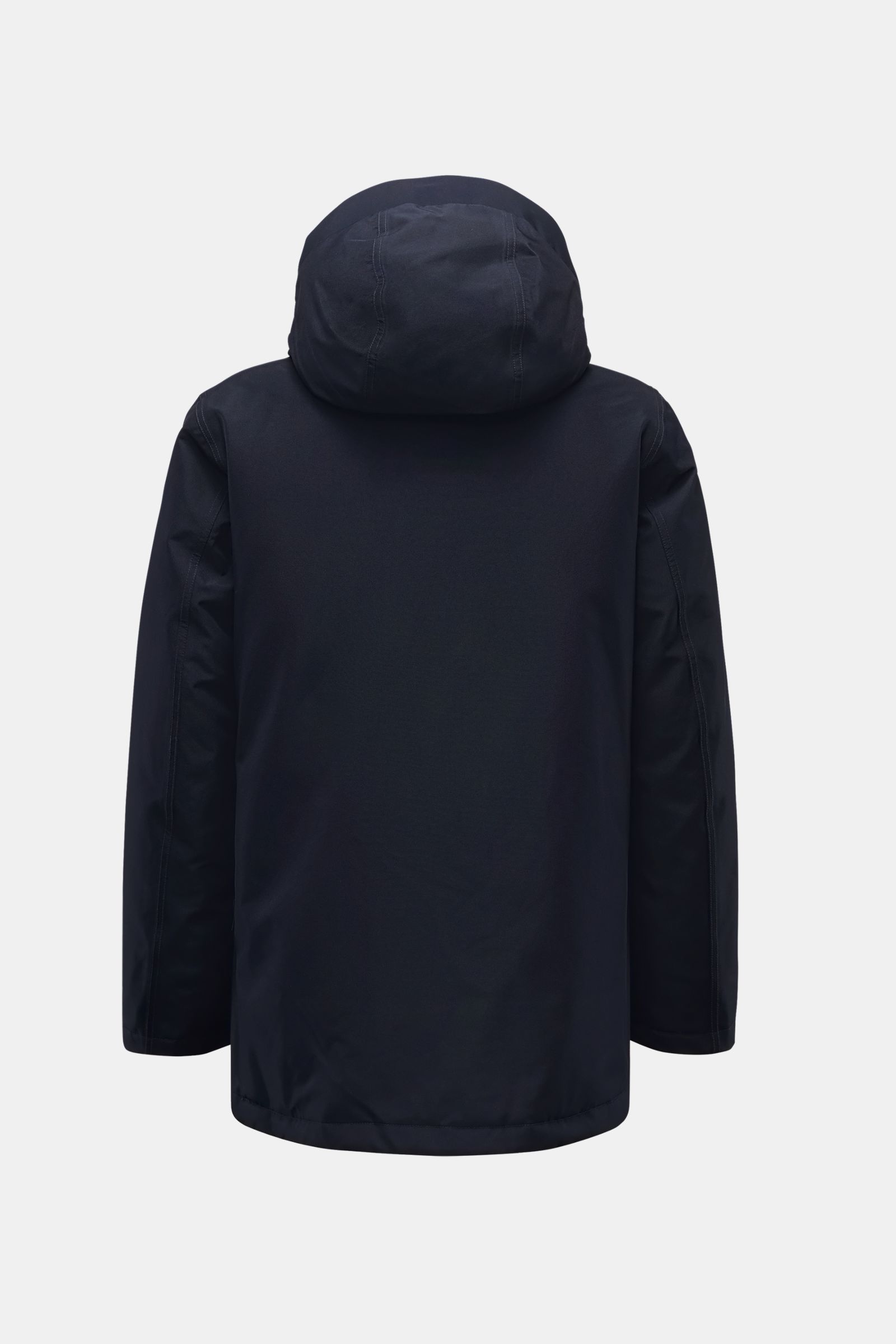 Back view of Woolrich Daunenjacke dark navy with functional microfiber (GORE-TEX), wind- and waterproof, breathable, warm down filling, taped seams, slim fit, robust two-way zipper, wind flap with buttons, high collar with hood, hand-warming pockets, prac