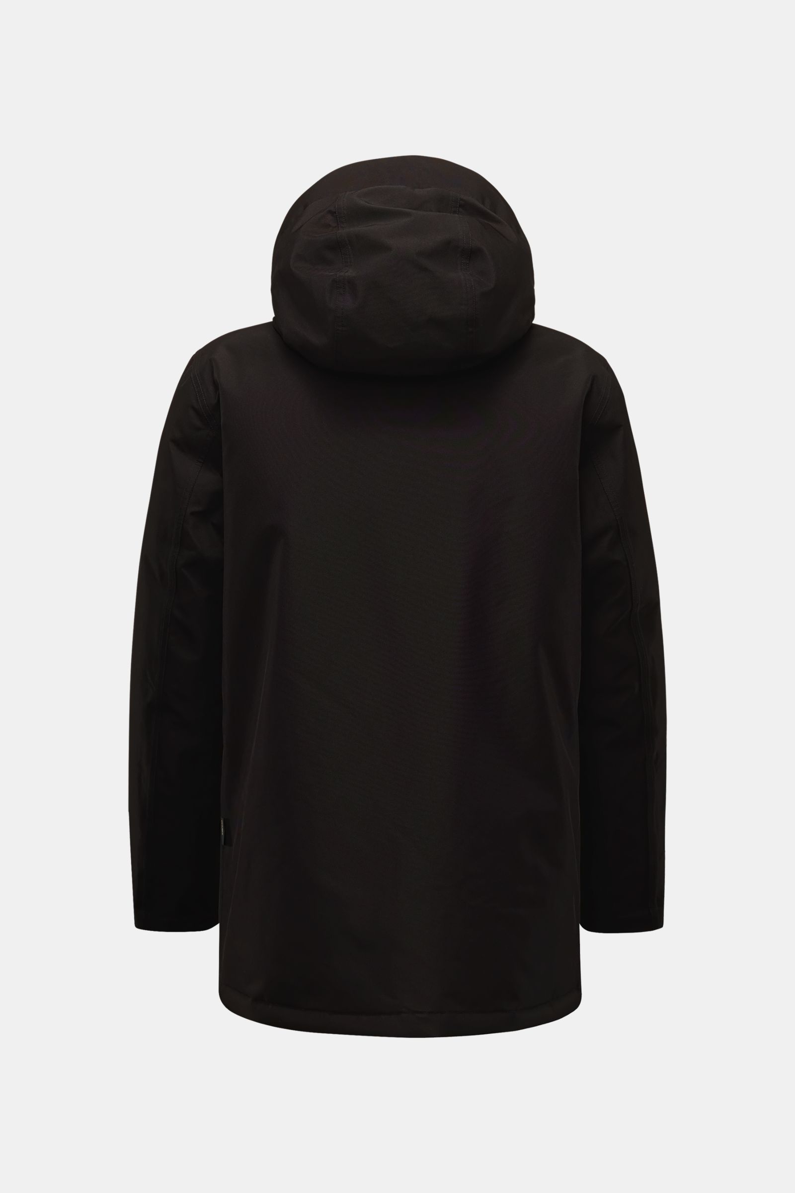 Woolrich Daunenjacke schwarz, Rückansicht, Slim Fit, funktionale Microfaser (GORE-TEX), wind- und wasserdicht, atmungsaktiv, wärmende Daunenfüllung, getapte Nähte, Zwei-Wege-Reißverschluss, Windblende mit Knöpfen, Kapuze, Handwärmetaschen, Windschutzbündc