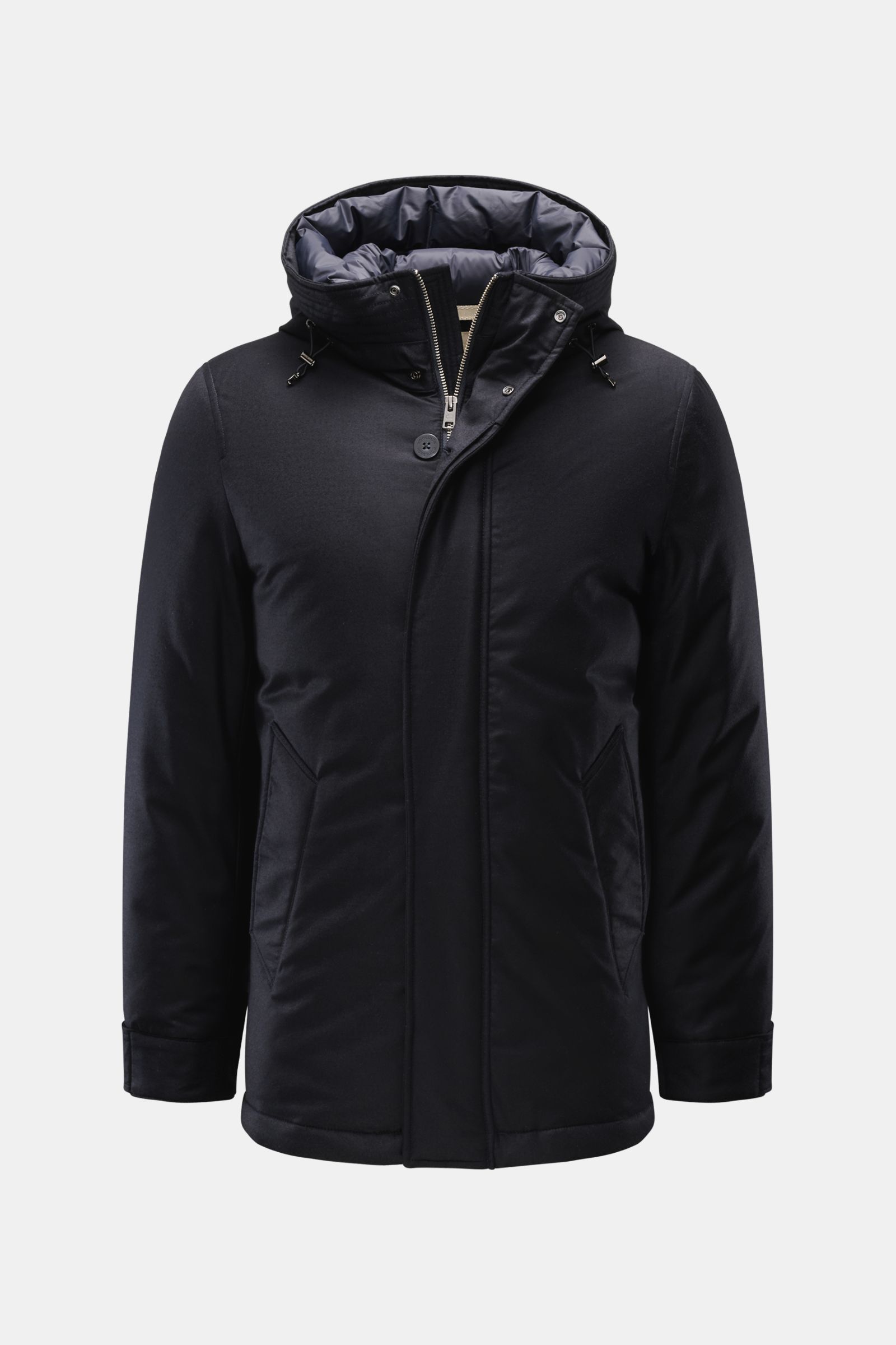 Woolrich Daunenjacke 'LP Wool Silk Parka' dark navy, frontale Ansicht, Slim Fit, Woll-Seiden-Mix, Daunenfüllung, Kapuze, Reißverschluss und Knöpfe.