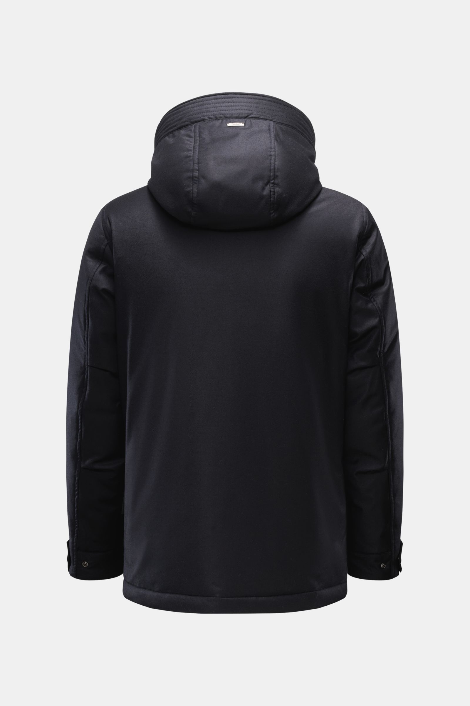 Woolrich Daunenjacke 'LP Wool Silk Parka' dark navy, Rückansicht, Slim Fit, Daunenfüllung, Kapuze, Mix aus Wolle und Seide, Knöpfe, Innentasche.