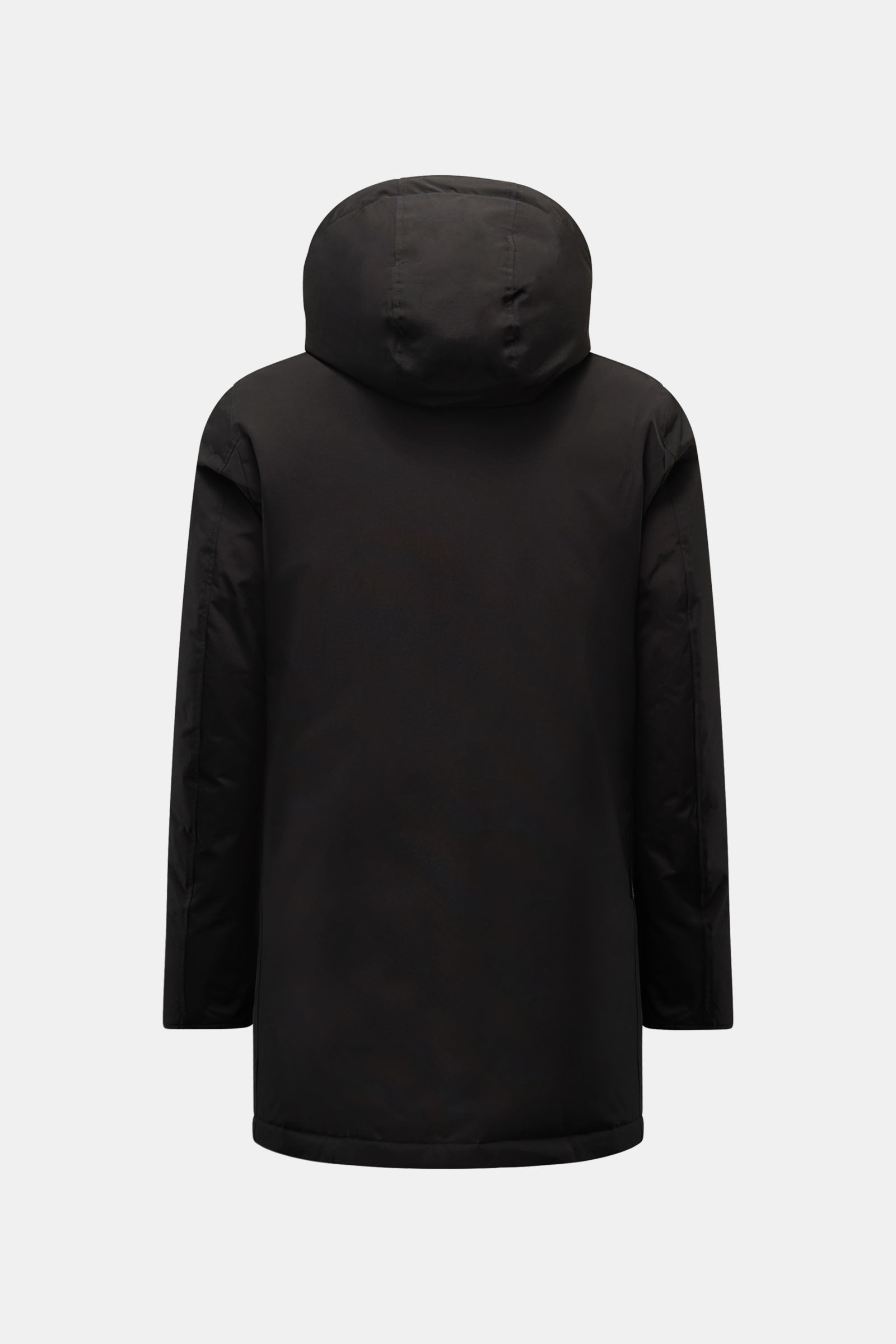 Rear view of Woolrich Daunenparka 'Arctic Parka' schwarz in black, slim fit with down filling, hood, and long sleeves against white background.