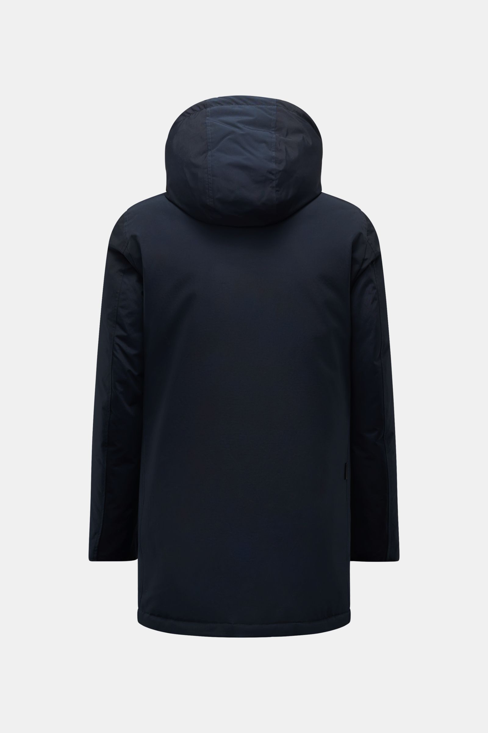 Rear view of Woolrich Daunenparka 'Arctic Parka' navy, a slim fit winter jacket with hood, made of cotton and microfiber blend, filled with RDS-certified down for warmth up to –20 °C.