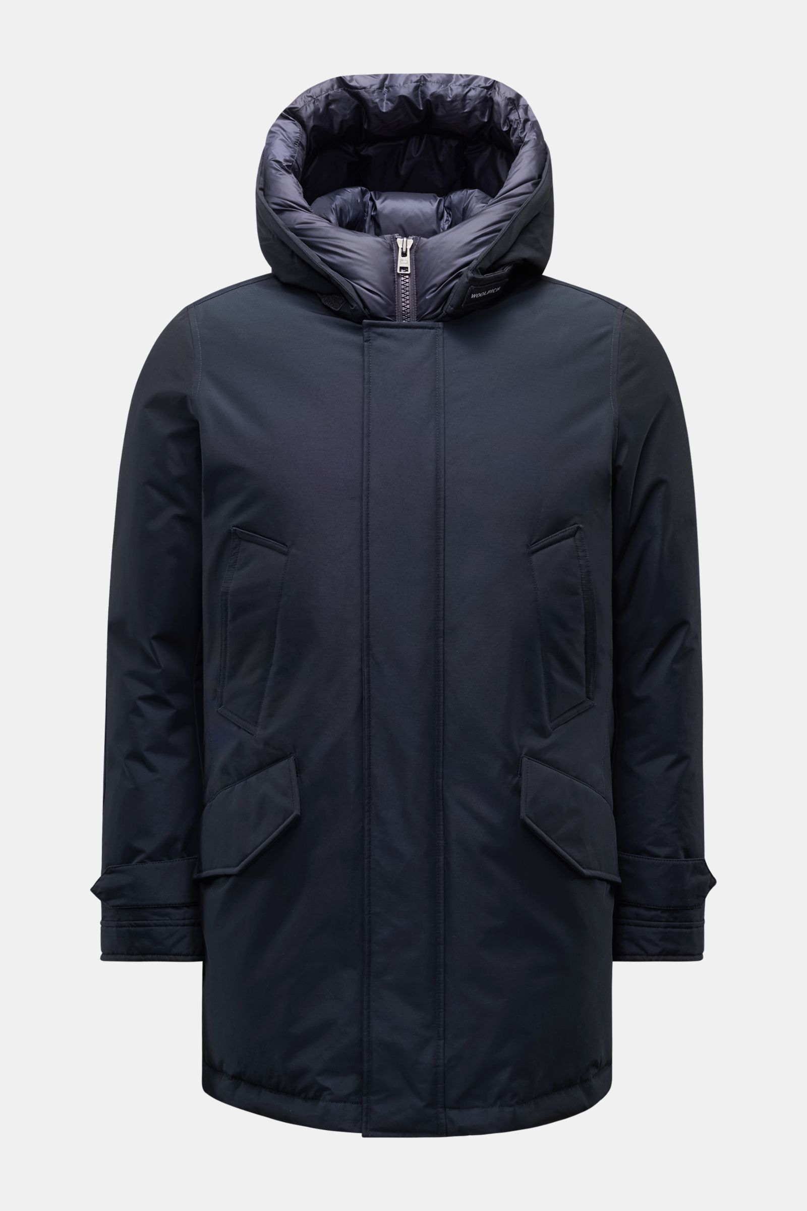 Woolrich Daunenparka 'Polar High Collar' navy, frontal, mit wattierter Kapuze, vier Fronttaschen, wind- und wasserabweisend, Slim Fit.