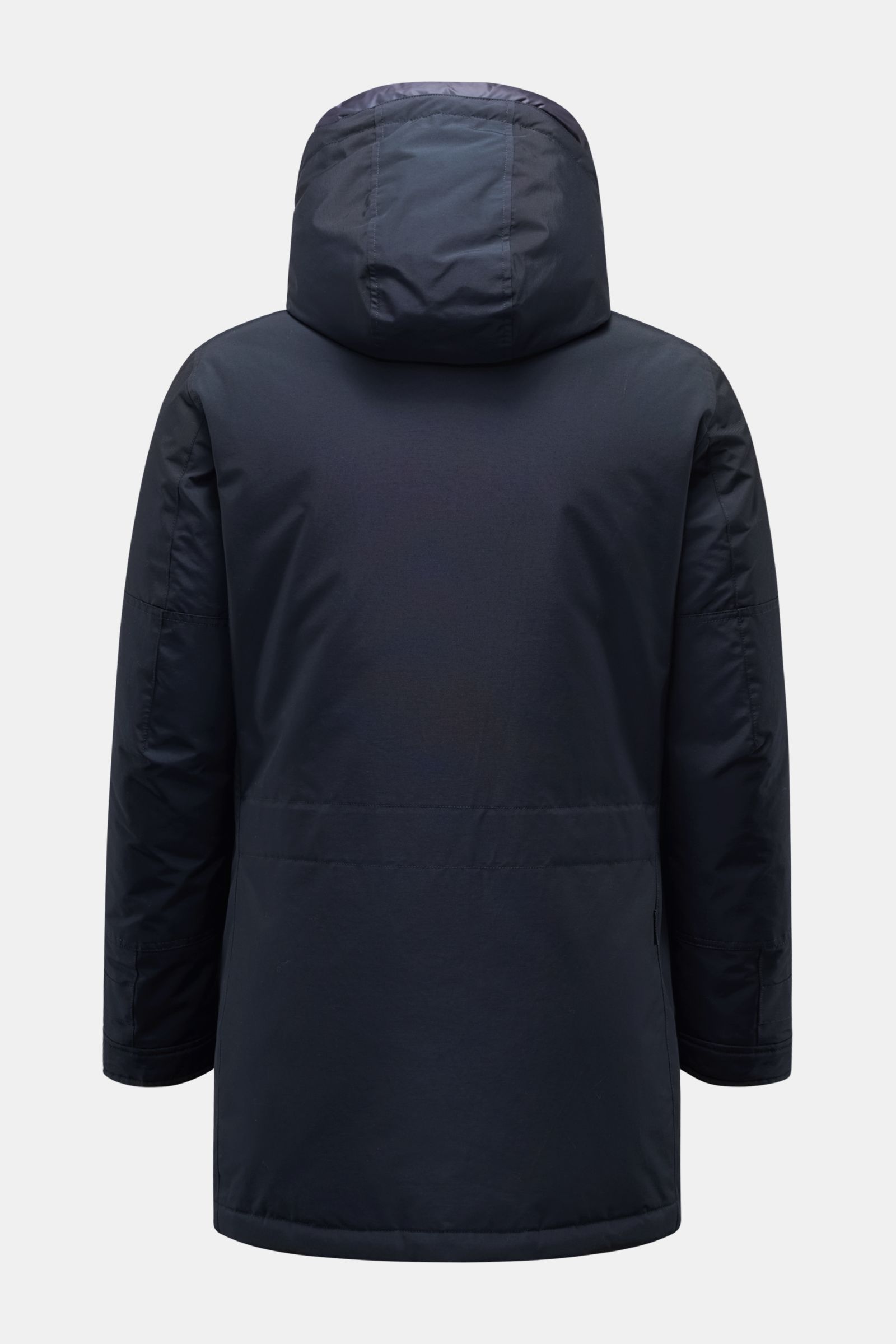 Woolrich Daunenparka 'Polar High Collar' navy, Rückansicht, wind- und wasserabweisend, Slim Fit, wattierte Kapuze, verstellbare Taillenweite, robuste Details.