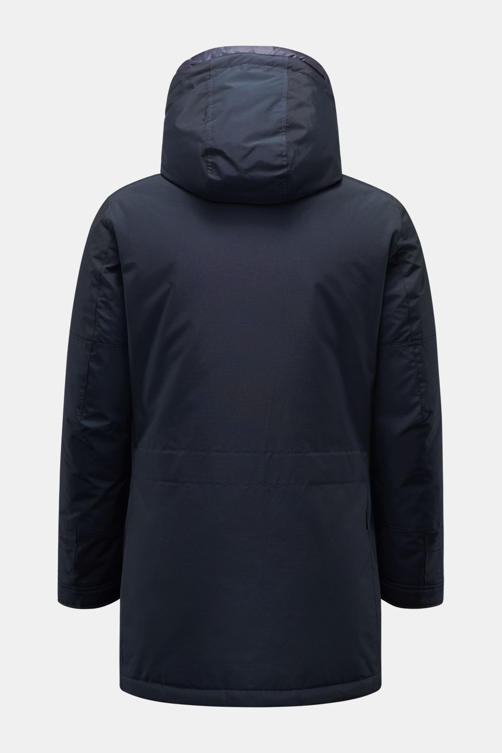 Woolrich Daunenparka 'Polar High Collar' navy, Rückansicht, wind- und wasserabweisend, mit wattierter Kapuze, Slim Fit, vier Fronttaschen, regulierbaren Ärmeln.