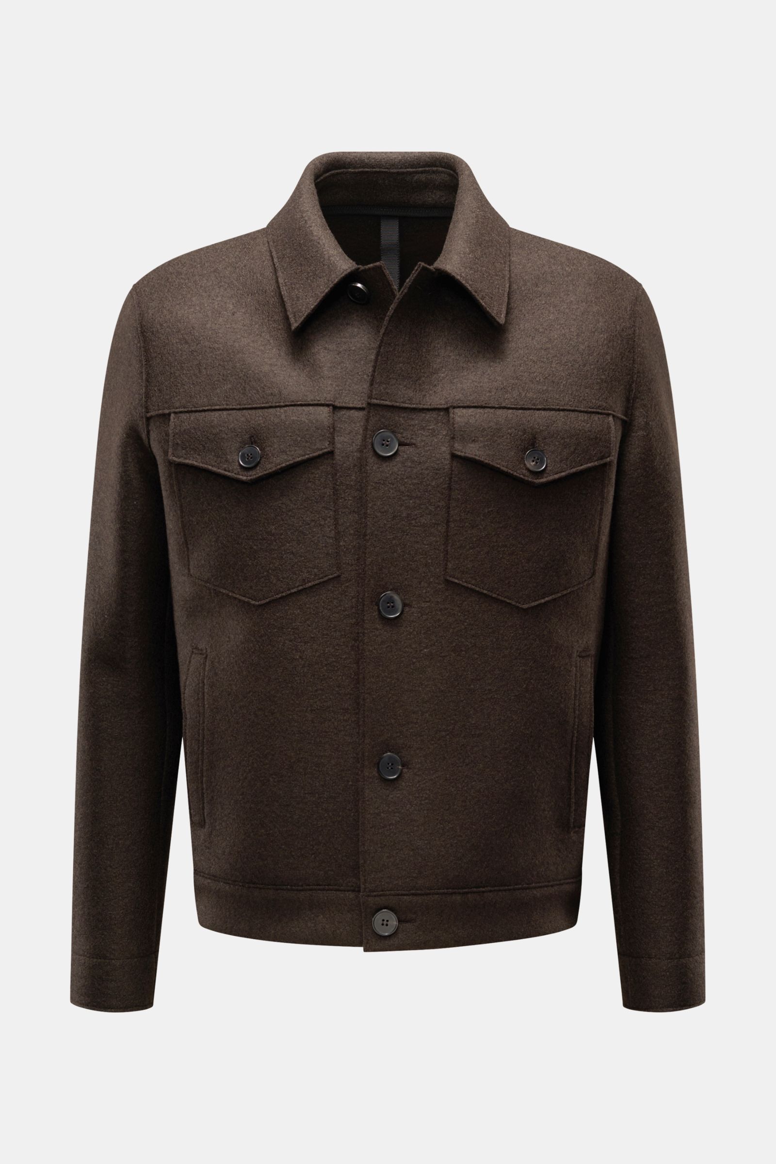 Harris Wharf London Wolljacke dunkelbraun aus gefilzter Schurwolle, ungefüttert, Regular Fit, frontal mit Knopfleiste und Brusttaschen fotografiert.