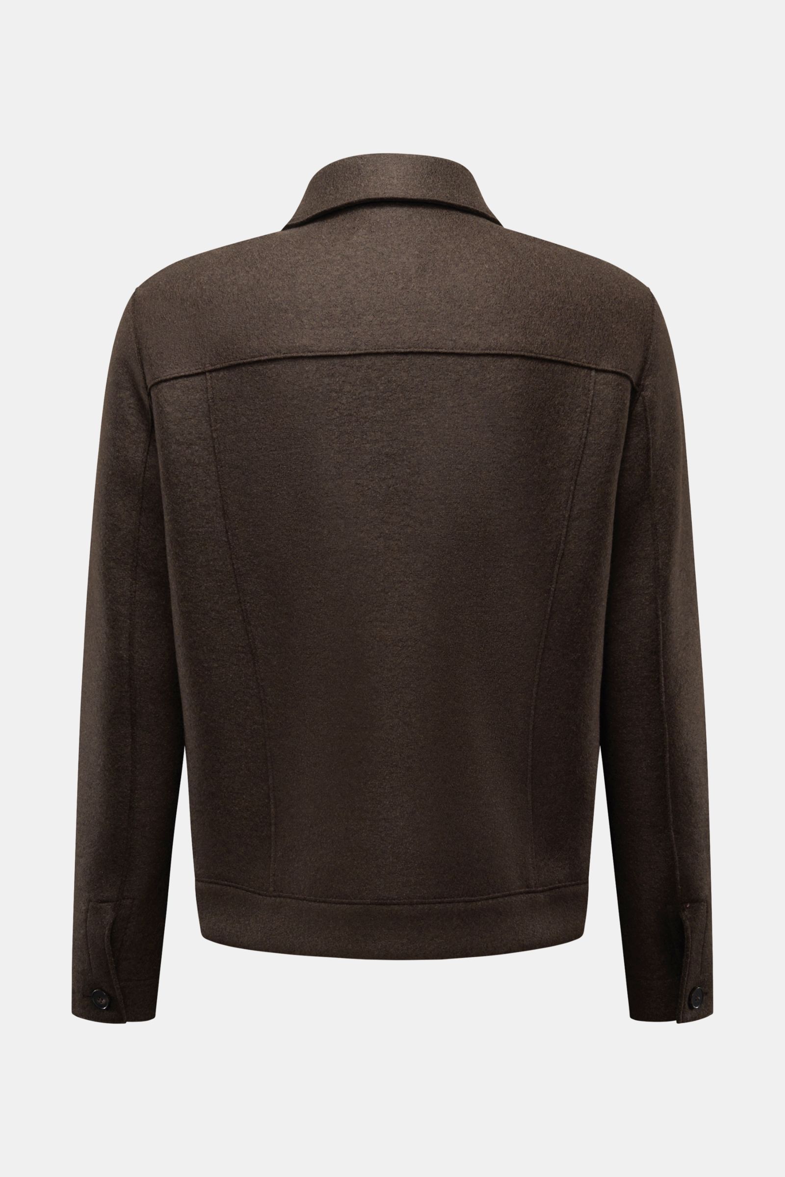 Harris Wharf London Wolljacke dunkelbraun Rückansicht, kurz geschnitten, reine gefilzte Schurwolle, Regular Fit, ungefüttert, Knopfärmel.