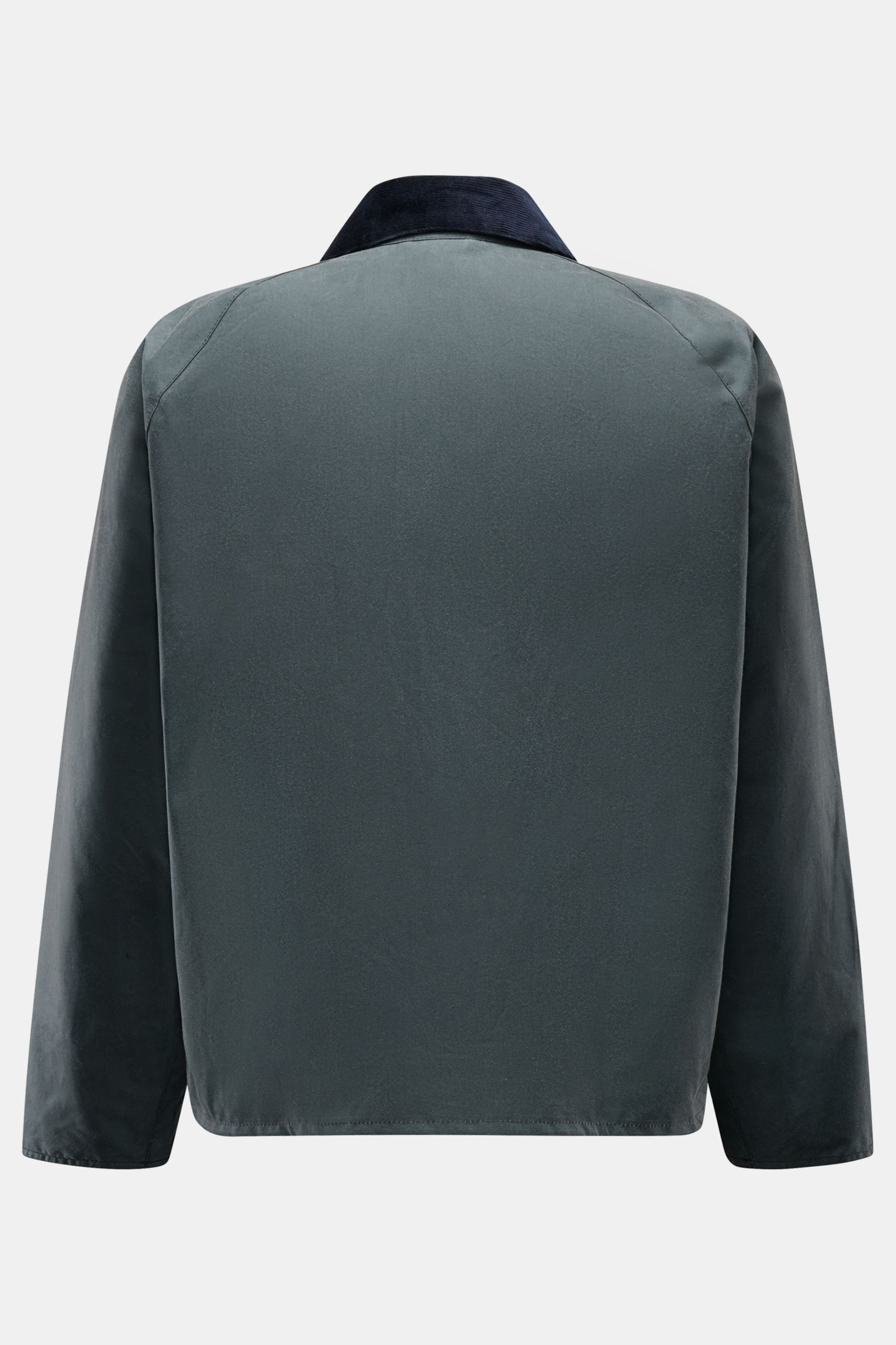 Barbour Wachsjacke 'Transport' petrol, von hinten fotografiert, oversized, aus gewachster Baumwolle mit Cordkragen in dunkelblau.