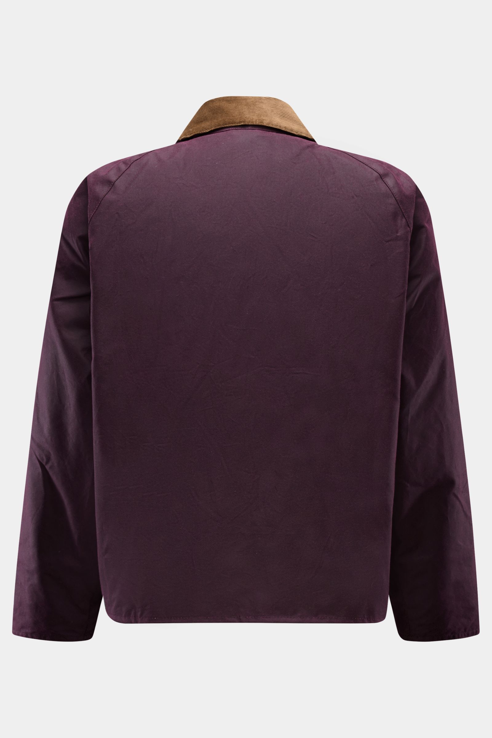 Barbour Wachsjacke 'Transport' bordeaux, Rückansicht, oversized gewachste Baumwolle, Cordkragen, Raglanärmel, robust und lässig für Übergangszeit.