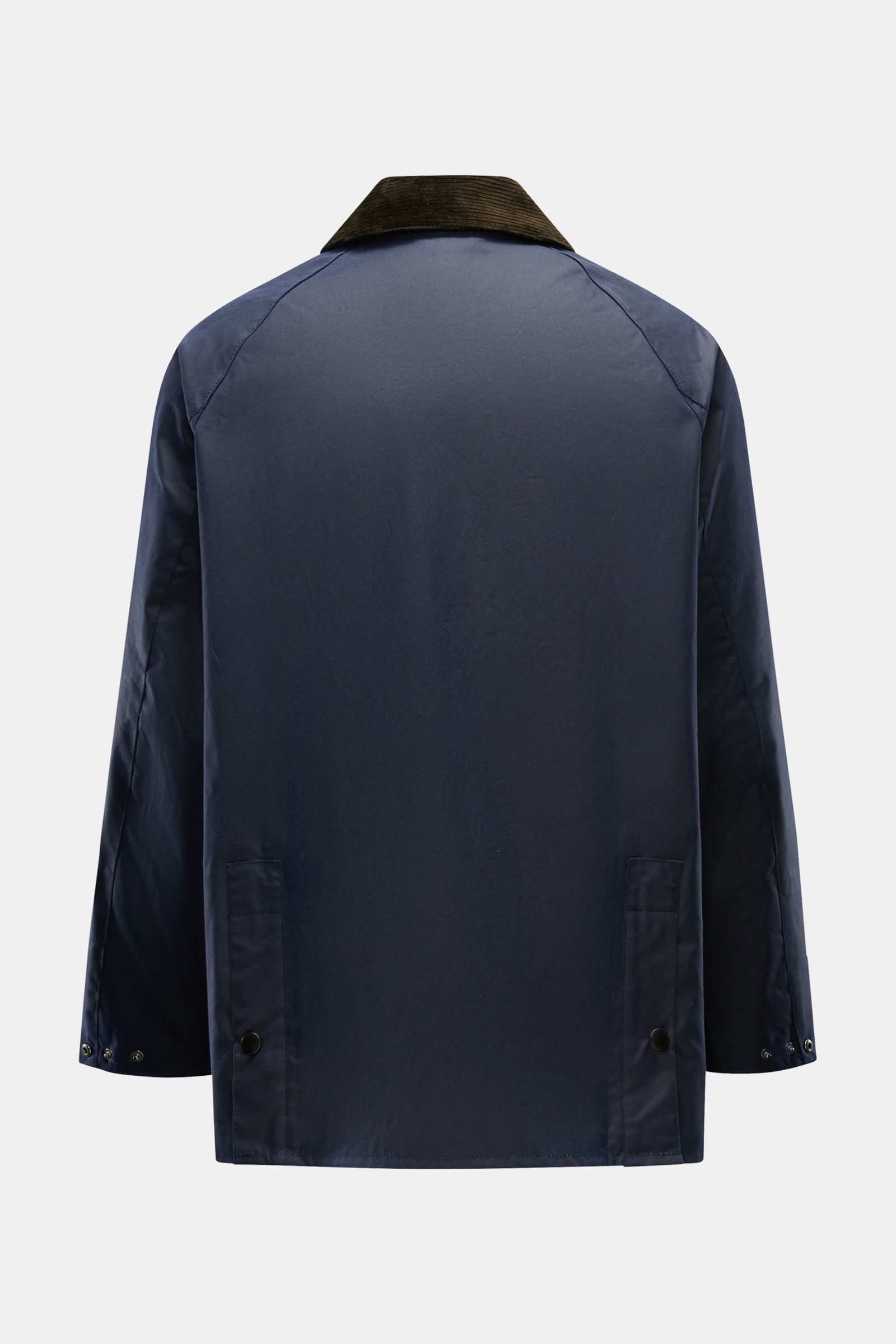 Barbour Wachsjacke 'Bedale' navy, Rückansicht, gewachste Baumwolle, Cordkragen, Raglanärmel, seitliche Rückenschlitze mit Druckknopf, Kooperationskollektion.
